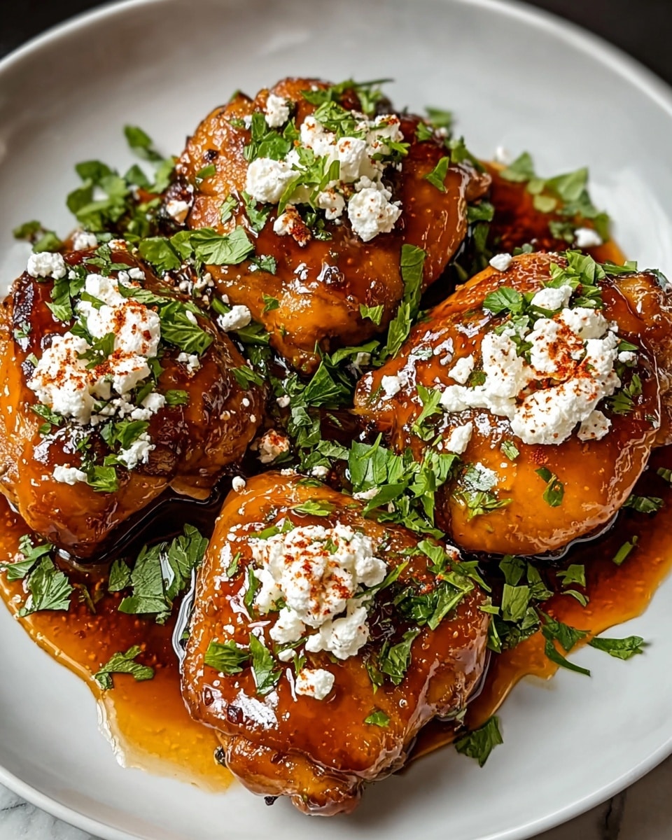 The image shows five glazed chicken thighs arranged on a white plate, each piece coated in a shiny, caramel-colored sauce with a slightly sticky texture. On top of each chicken thigh are small dollops of white, crumbly cheese, possibly feta, sprinkled with a light dusting of red paprika. Fresh green herbs, roughly chopped, are scattered both on the chicken and around the plate, adding a vibrant contrast. The sauce pools slightly around the chicken, emphasizing its glistening surface. The white plate sits on a white marbled surface. Photo taken with an iphone --ar 4:5 --v 7