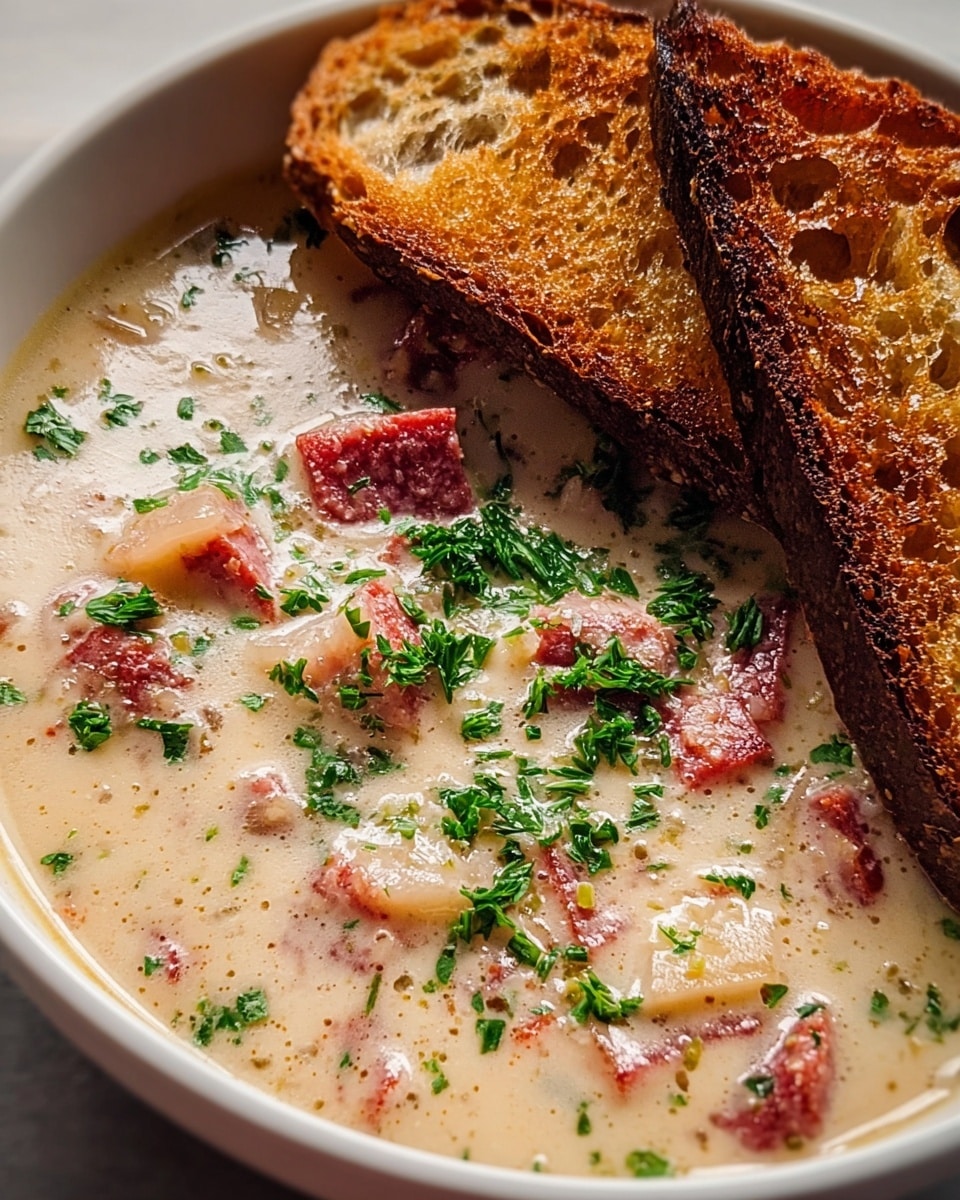 A close-up of a white bowl filled with creamy soup that has small chunks of pink meat and translucent onion slices spread throughout. On top of the soup, bright green chopped herbs are scattered, adding fresh color. Two pieces of golden-brown toasted bread with a rough, crispy texture rest on one side of the bowl, partially dipped in the soup. The soup surface glistens with a smooth texture, showing a hearty and warm feel. Photo taken with an iphone --ar 4:5 --v 7
