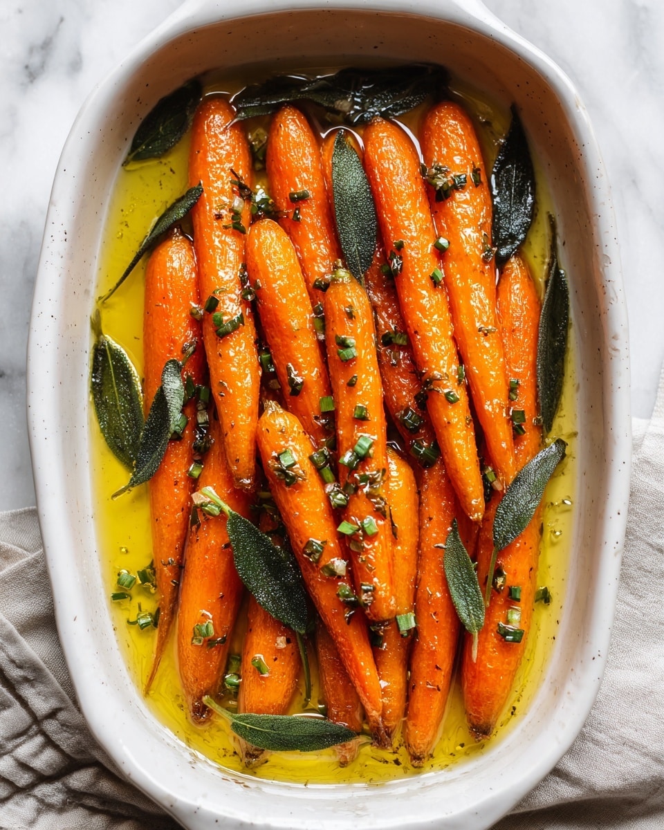 The image shows a white ceramic dish filled with two layers of glazed roasted carrots. The bottom layer consists of a light yellow oil or butter sauce that glistens under the light. On top, about a dozen bright orange carrots are neatly arranged side by side, each with a slightly shiny, caramelized surface. Scattered over the carrots are small pieces of green herbs and several whole deep green sage leaves, adding texture and color contrast. The dish sits on a white marbled surface with a soft linen cloth partly visible at the bottom right corner. The overall look is warm and fresh, with a homey yet elegant feel. photo taken with an iphone --ar 4:5 --v 7