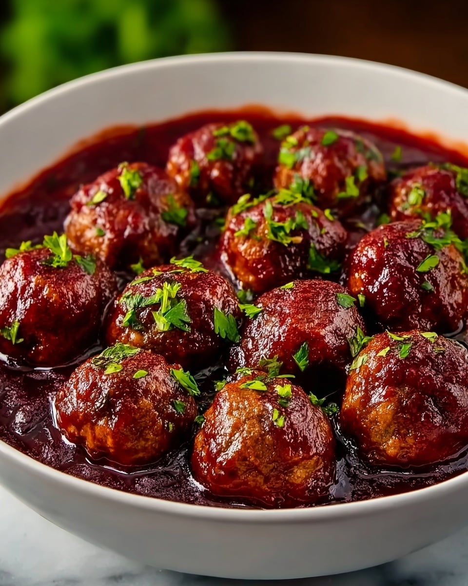A white bowl filled with about fifteen brown meatballs covered in thick, dark red sauce, arranged closely together in a single layer, garnished with small pieces of bright green herbs scattered evenly on top, all sitting on a white marbled surface with a blurred green background, photo taken with an iphone --ar 4:5 --v 7