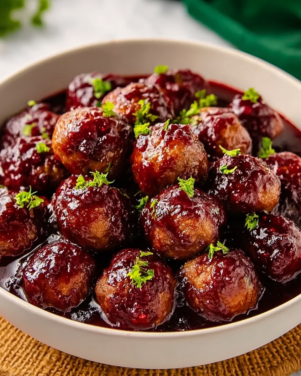 A white bowl filled with about fifteen small, round meatballs fully covered in a thick, glossy, dark red sauce, with some sauce pooled at the bottom. The meatballs are brown with a slightly crispy texture, and the dark red sauce looks rich and chunky, likely made from berries. Small green herb pieces are sprinkled evenly over the meatballs, adding a fresh color contrast. The bowl rests on a light brown textured mat, set against a green blurred background, all on a white marbled texture. photo taken with an iphone --ar 4:5 --v 7
