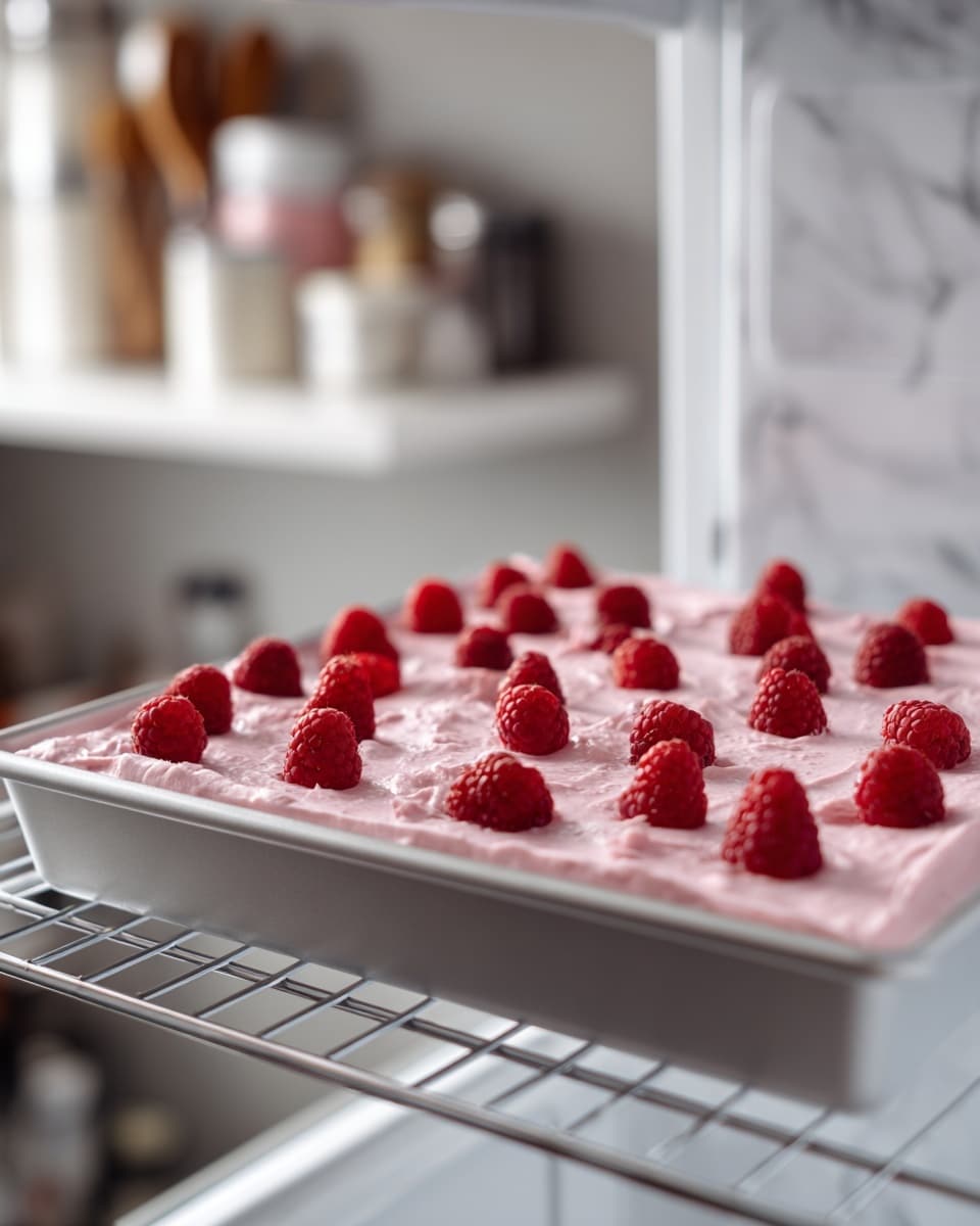 A silver baking tray sits inside an open refrigerator on a white wire shelf. The tray holds a mix with a smooth pale pink layer topped with scattered whole red raspberries. The raspberries are evenly spread and slightly pressed into the creamy layer, creating a textured surface. The fridge's inside is light gray, contrasting softly with the bright fruit and pale mix. In the blurred background, kitchen items rest on a white marbled surface. The scene captures a fresh dessert preparation moment. photo taken with an iphone --ar 4:5 --v 7