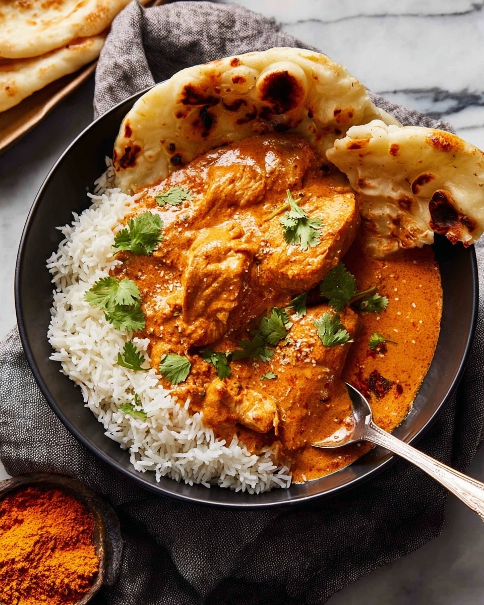 A black bowl filled with fluffy white rice at the bottom forms the first layer, topped with several pieces of chicken coated in thick, creamy orange curry sauce with a smooth texture; fresh green cilantro leaves are scattered over the chicken. On one side of the bowl, two folded pieces of lightly charred naan bread lean against the curry, showing soft, slightly crispy edges. A silver spoon rests in the bowl, partly submerged in the rice and curry. The bowl sits on a grey cloth with extra naan pieces and a small bowl of bright orange spice powder nearby, all placed on a white marbled surface. photo taken with an iphone --ar 4:5 --v 7
