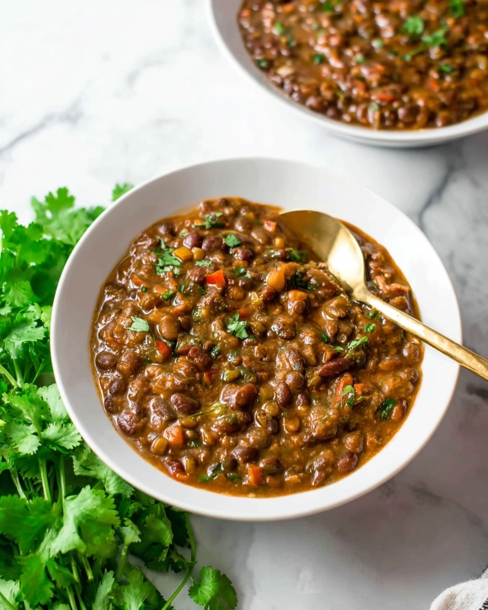 A white bowl filled with a thick, brown bean stew that shows various beans and lentils mixed with chopped vegetables, including small pieces of green herbs and red bits, creating a chunky and hearty texture. The spoon in the bowl is gold-colored and placed resting on the edge. Behind the bowl to the left is a bunch of fresh green cilantro, and there is a second white bowl filled with the same stew blurred in the background. The scene is set on a white marbled surface. photo taken with an iphone --ar 4:5 --v 7