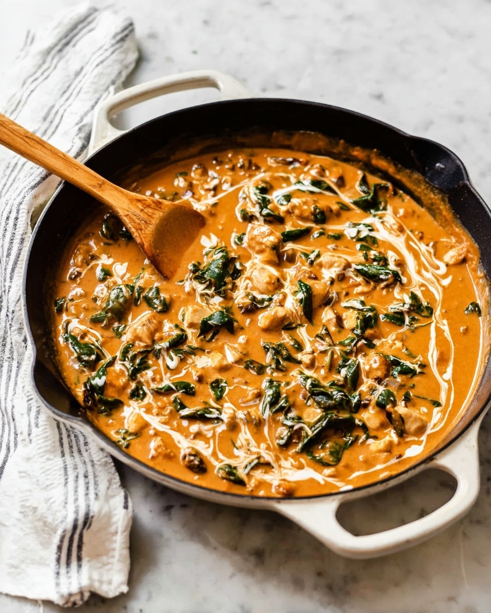 The image shows a white cast iron skillet filled with a creamy orange sauce mixed with wilted dark green spinach leaves and small chunks of what appears to be chicken, creating a rich texture. The sauce has a smooth, thick consistency with swirls of white cream on the surface, adding contrast. A wooden spoon rests inside the skillet, partially submerged in the sauce, with a white and black striped cloth placed beside the skillet on a white marbled surface. Photo taken with an iphone --ar 4:5 --v 7