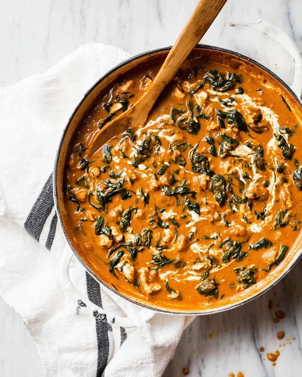 A white cast iron pan filled with a rich, creamy orange-brown curry sauce mixed with dark green wilted spinach leaves and small pieces of white chicken scattered evenly throughout. The surface of the curry is shiny with a slight swirl of cream, adding texture and lightness. A wooden spoon rests inside the pan, slightly submerged in the sauce. The pan is placed on a white marbled surface with a white cloth that has black stripes underneath the handle. There are small drops and splashes of the curry sauce around the pan edge. Photo taken with an iphone --ar 4:5 --v 7