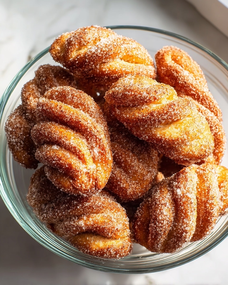 A clear round glass bowl is filled with several twisted, golden-brown pastries covered closely with a layer of white granulated sugar and cinnamon, giving a textured and sparkly appearance. The pastries have a rich, warm color with lighter, soft dough visible in the twisted grooves, showing a crispy sugar crust on top. The bowl sits on a white marbled surface that reflects soft natural light, creating subtle shadows around the bowl edges. photo taken with an iphone --ar 4:5 --v 7