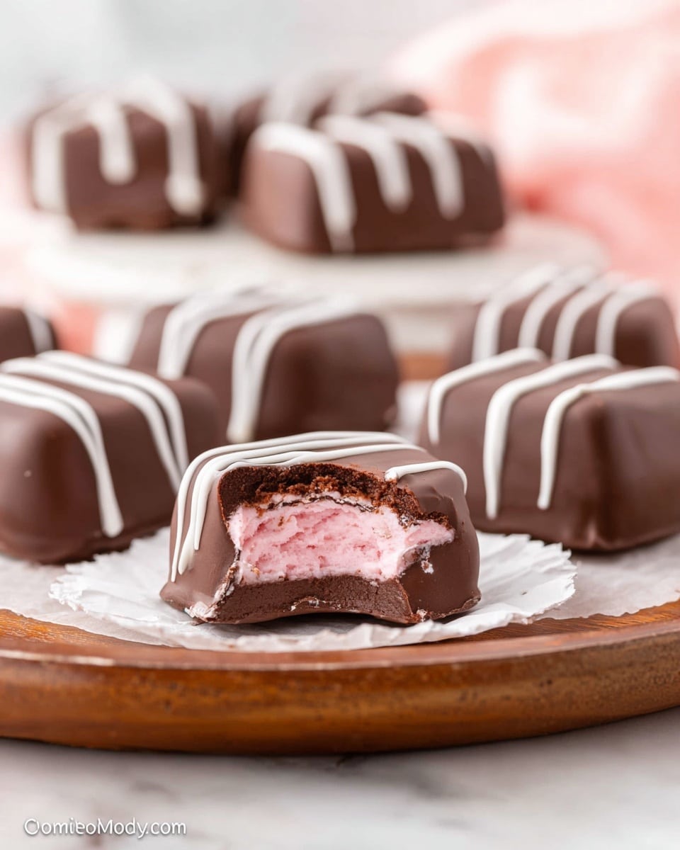 Small square chocolate-covered treats are arranged on a white paper doily placed on a wooden tray, which sits on a white marbled surface. Each treat has a smooth dark chocolate outer layer with thin white icing stripes drizzled on top. One treat in the front has a bite taken out, showing an inner soft pink filling layered with a thin dark chocolate layer just beneath the outer shell. The scene has soft natural light and a blurred background with more treats, giving a delicate and inviting look. Photo taken with an iphone --ar 4:5 --v 7