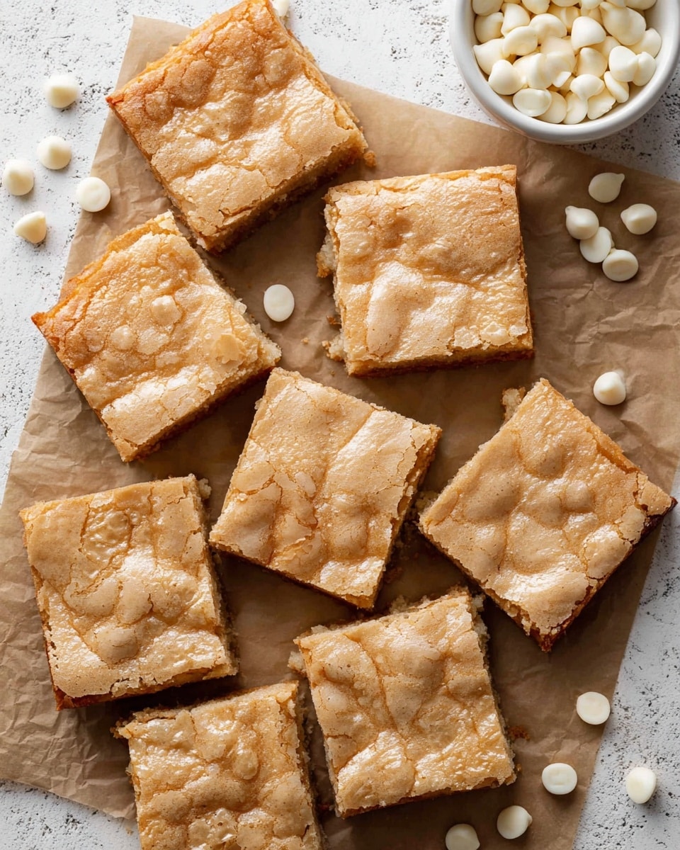 Several square blondies are spread out on a piece of parchment paper placed on a white marbled textured surface. The blondies have a cracked and shiny top layer with a light golden-brown color and a soft, slightly crumbly texture. Around the blondies, there are scattered white chocolate chips, some in a small white bowl at the top right corner, and some loose around the edges. The arrangement shows a close-up view with the pieces overlapping slightly in a casual way. Photo taken with an iphone --ar 4:5 --v 7