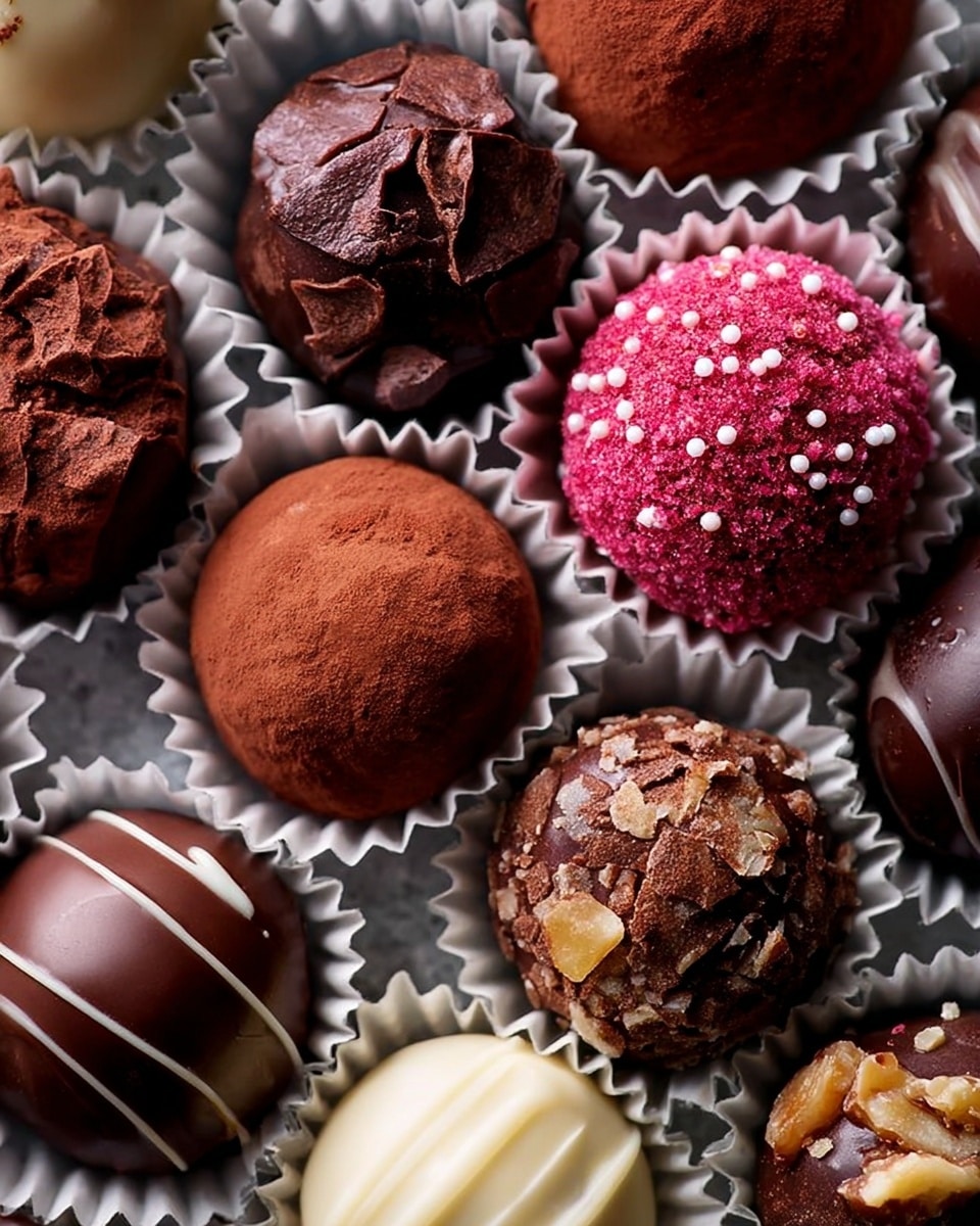 The image shows a close-up view of various round chocolate truffles arranged closely together inside white paper cups. Each truffle has a unique outer layer and texture: some are smooth dark brown chocolate, others are covered in crushed cocoa powder flakes giving a rough texture, one is bright pink with small white sugar beads, another is dark chocolate studded with crushed nuts, and there is a white chocolate truffle with subtle swirl patterns. The glossy and matte finishes create contrast among the truffles, all sitting on a white marbled surface. photo taken with an iphone --ar 4:5 --v 7