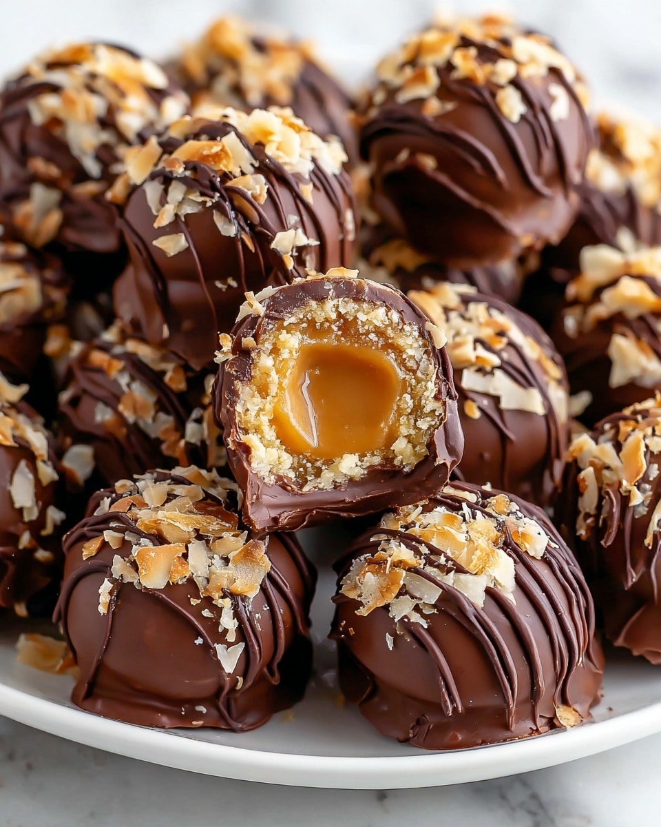 The image shows a plate full of round chocolate truffles, each with a smooth dark chocolate coating and a drizzle of darker chocolate lines on top. The truffles are covered with small pieces of toasted coconut flakes that add a light, flaky texture all around. In the center, one truffle is cut open, revealing a thick, glossy caramel filling that looks soft and gooey. The dark brown chocolate shell contrasts with the golden caramel inside, showing two layers: the outer firm chocolate and the inner creamy caramel. All the truffles sit on a white plate against a white marbled surface. photo taken with an iphone --ar 4:5 --v 7