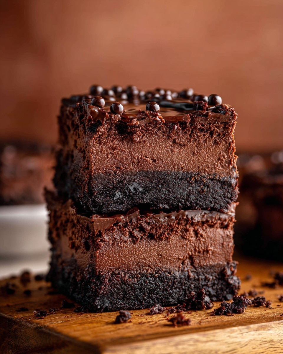 A close-up of two thick square brownies stacked on top of each other on a wooden board, each brownie showing three distinct layers: a dark, crumbly bottom crust, a dense middle layer of rich chocolate fudge, and a shiny, slightly textured top layer decorated with small round chocolate beads. The sides of the brownies reveal a moist and fudgy texture with some crumbs scattered around on the board. The background is softly blurred with warm brown tones, and the surface beneath is a white marbled texture. Photo taken with an iphone --ar 4:5 --v 7