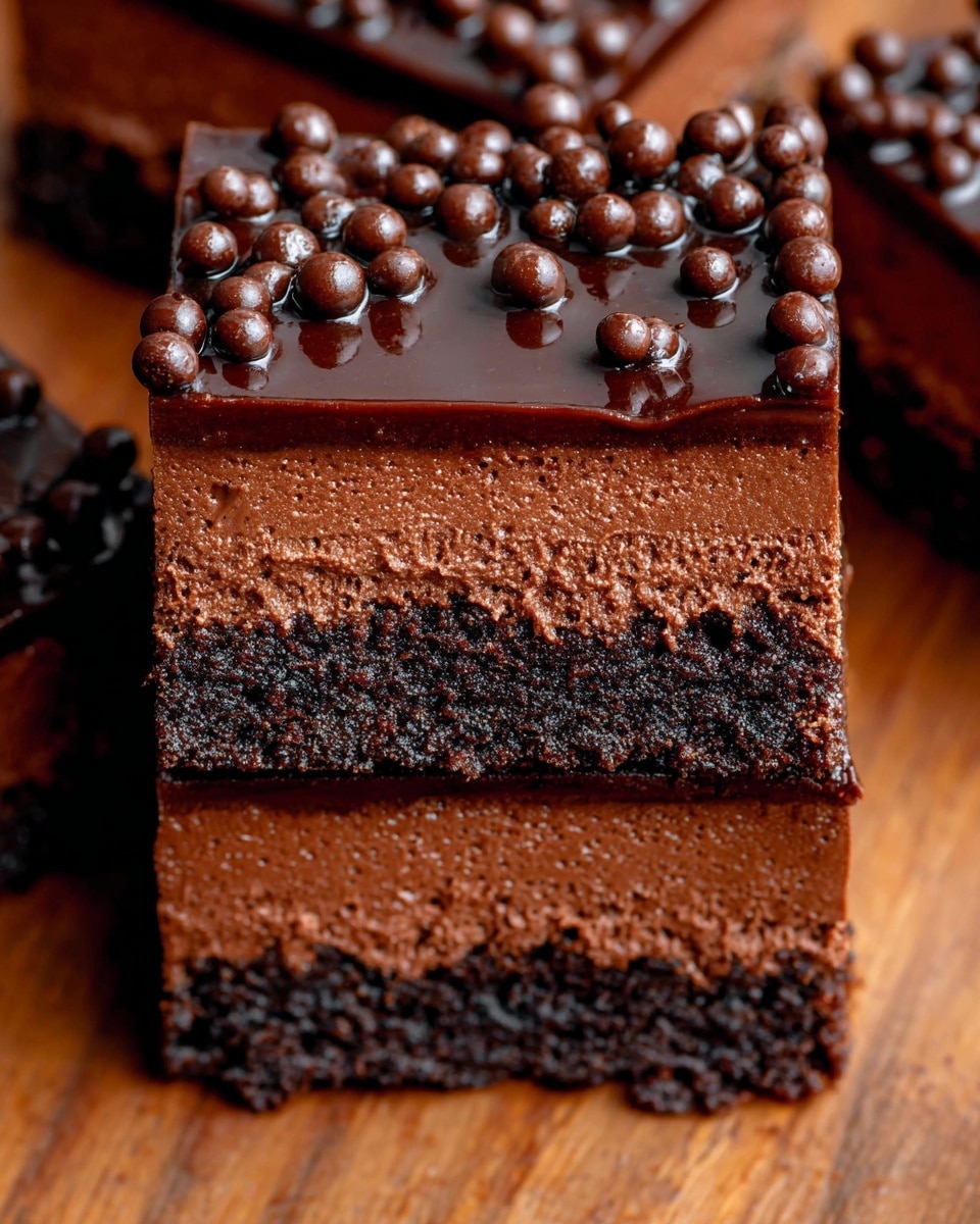 The image shows a close-up of two chocolate cake squares stacked on a wooden surface. Each slice has three thick layers: a dark, crumbly bottom crust, a middle layer of rich chocolate mousse with a smooth texture and deep brown color, and a glossy top layer of chocolate ganache decorated with small round chocolate balls. The top ganache layer has a shiny, slightly uneven surface, and the chocolate balls add a textured, playful look. The wooden background is warm and simple, highlighting the cake's rich brown tones. photo taken with an iphone --ar 4:5 --v 7