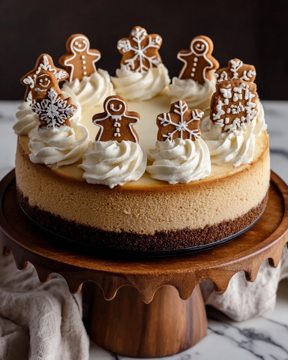 A round cheesecake with two visible layers, a dark brown crumbly base and a thick light tan cheesecake layer above it, sits on a wooden cake stand with scalloped edges. On top, there are twelve swirls of white whipped cream arranged evenly around the cake's edge. Between the swirls are small gingerbread cookies decorated with white icing, shaped as gingerbread men, snowflakes, and stars. The cake is photographed on a white marbled surface with a light-colored cloth draped around the base of the stand. photo taken with an iphone --ar 4:5 --v 7
