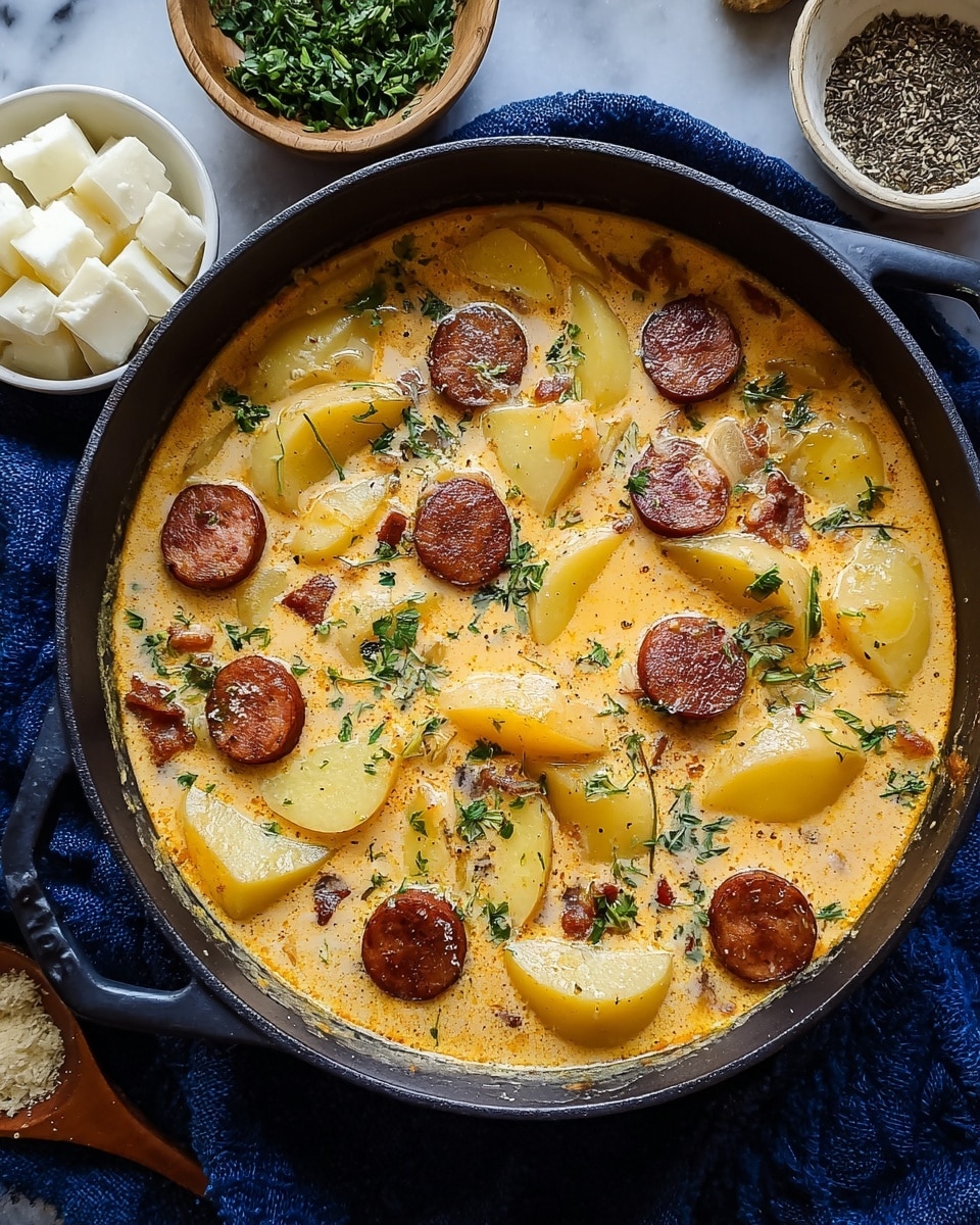 The image shows a creamy soup in a black pot placed on a blue cloth, set against a white marbled texture. The soup has a pale orange color with visible slices of golden yellow potato pieces spread evenly throughout. Scattered among the potatoes are round, browned slices of sausage with a slightly crispy texture. Small bits of cooked meat and chopped green herbs float on the surface, adding more texture and color contrast to the creamy broth. Around the pot, there are small white bowls, one filled with white cheese cubes and another with a coarse black seasoning. Photo taken with an iphone --ar 4:5 --v 7