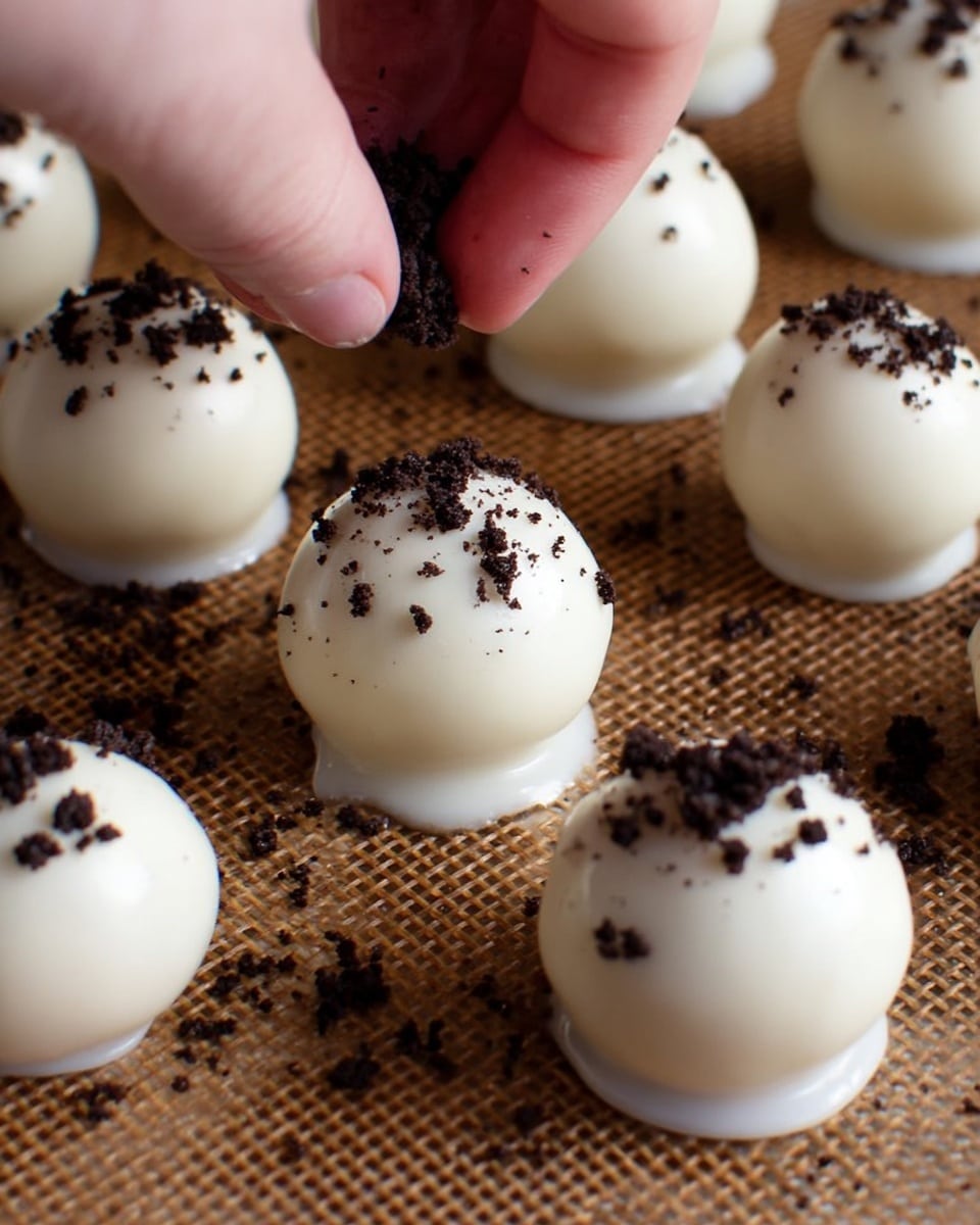 Several round, smooth white cake balls with a shiny texture are placed in rows on a brown grid surface. Each cake ball has a small base and some on top are sprinkled with small dark brown cookie crumbs. A woman's hand is seen from the top left corner, adding more dark crumbs on one of the cake balls. The white cake balls are evenly spaced and have a clean, glossy look. photo taken with an iphone --ar 4:5 --v 7