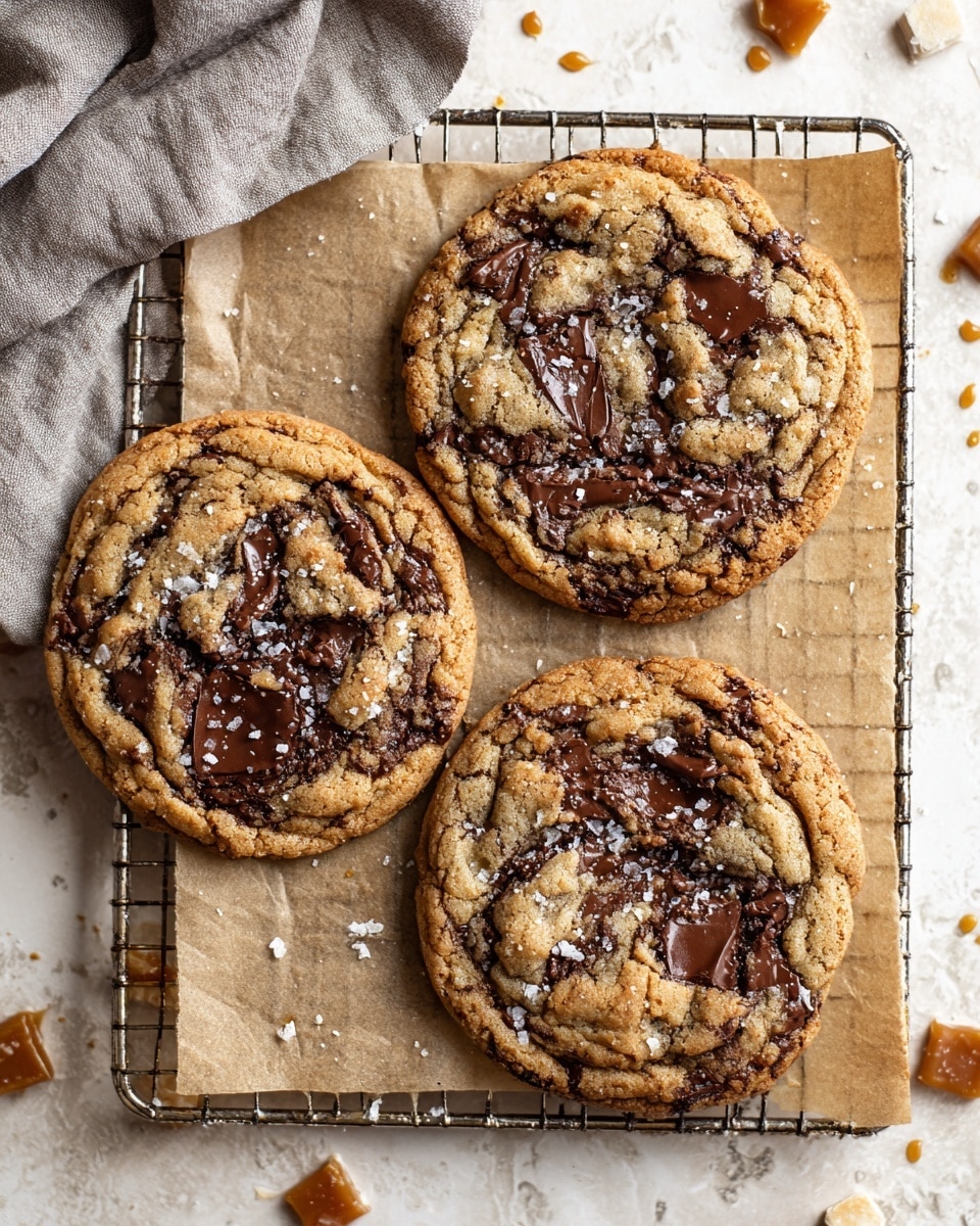 A close-up view of a single large round cookie broken in half on white parchment paper placed on a white marbled surface. The cookie has two visible layers: the top layer is golden brown with a rough, crumbly texture and has clusters of melted dark chocolate chunks that look shiny and gooey. Some coarse salt flakes are sprinkled on top, adding a white contrast. The inside layer reveals soft, rich, dark brown melted chocolate stretching between the two broken halves. There are cookie crumbs scattered around the edges on the parchment paper, showing a crispy border. photo taken with an iphone --ar 4:5 --v 7