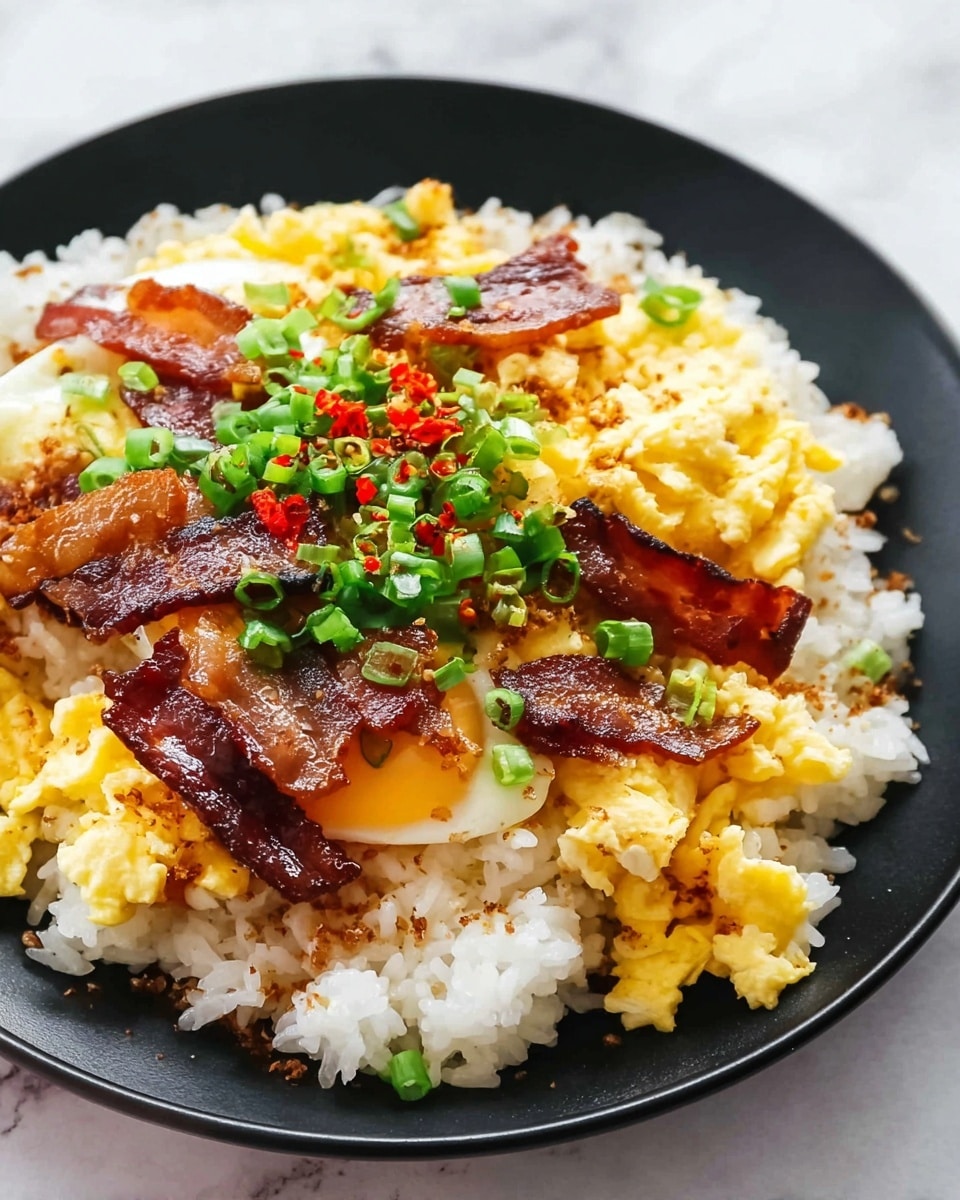 A close-up of a white plate with a dark rim on a white marbled surface holds a dish with four visible layers. The bottom layer is soft, white cooked rice. Above the rice, there is a layer of yellow scrambled eggs with a fluffy texture. On top of the eggs, there are crispy strips of cooked bacon in reddish-brown color. The top layer includes a runny fried egg with white edges and a bright orange yolk, sprinkled with chopped green onions and cracked black pepper, adding small green and black specks across the dish. Photo taken with an iphone --ar 4:5 --v 7
