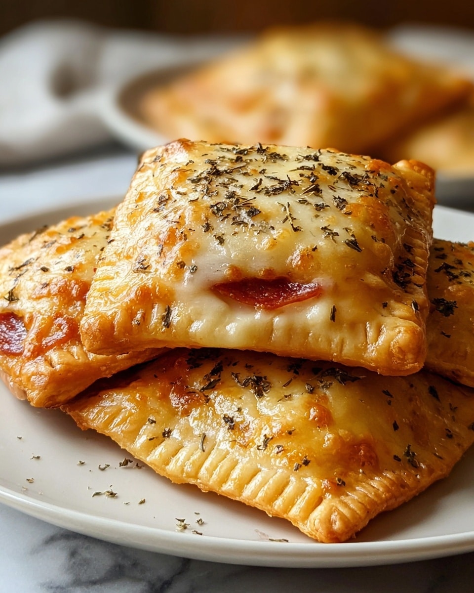 The image shows a close-up of three golden-brown square pastries stacked on a white plate, placed on a white marbled textured surface. Each pastry has a crispy, bubbly crust with slightly crimped edges for sealing. The top pastry is covered with melted white cheese that oozes slightly over the sides, with melted pepperoni slices partially visible underneath and sprinkled with dried herbs. The middle and bottom pastries have a more uniformly baked crust, also sprinkled with herbs. The background is softly blurred, focusing on the texture and color of the pastries. photo taken with an iphone --ar 4:5 --v 7