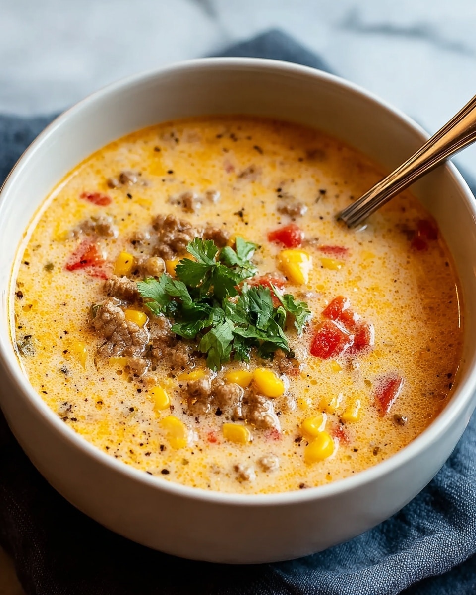 A white bowl filled with creamy light yellow soup that has visible small pieces of ground meat, bright yellow corn kernels, and red diced tomatoes mixed throughout. The soup's surface looks slightly oily with specks of black pepper. On top, there is a small cluster of fresh green cilantro leaves for garnish. A silver spoon is placed inside the bowl on the right side. The bowl sits on a dark cloth over a white marbled surface. photo taken with an iphone --ar 4:5 --v 7