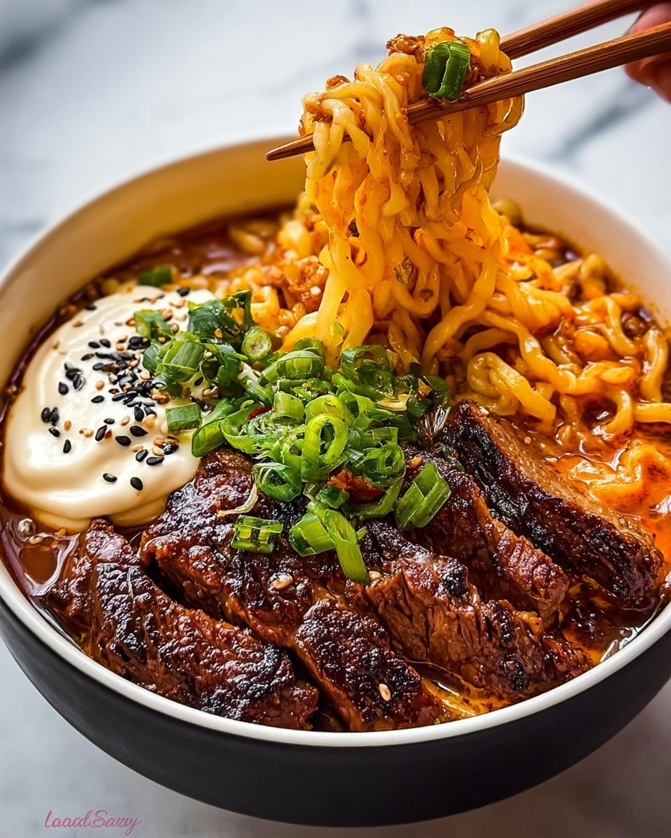 A black bowl filled with four main layers of food, starting with a base of curly yellow ramen noodles soaked in a rich orange broth. On one side, several crispy, dark brown grilled meat pieces are placed, with slices of medium-rare steak showing a pink center and charred edges next to them. At the top, there is a thick light beige creamy sauce sprinkled with black sesame seeds, and chopped green onions scattered on the sauce and near the meat. A woman's hand is lifting a clump of the noodles with light-colored wooden chopsticks. The bowl is set on a white marbled surface. photo taken with an iphone --ar 4:5 --v 7