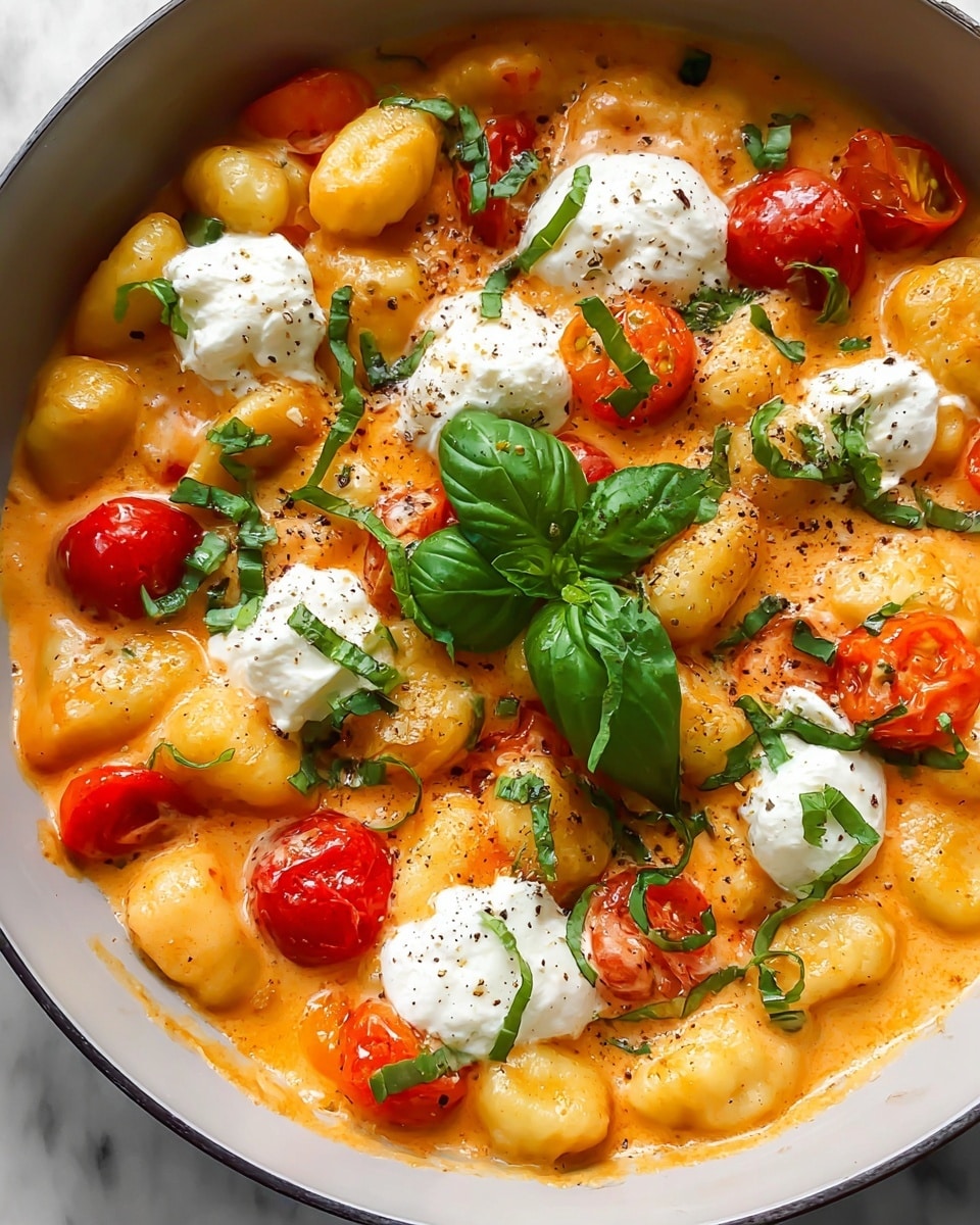 The image shows a white pot filled with creamy gnocchi in a rich orange sauce, mixed with whole cherry tomatoes that are red and orange. The dish has dollops of white creamy cheese scattered on top. Fresh green basil leaves and finely sliced basil pieces are sprinkled over the gnocchi, adding a touch of vibrant green color. There are also small chunks of what looks like cooked sausage in the mix. The sauce coats the gnocchi thickly, and the dish is lightly speckled with black pepper. The pot sits on a white marbled surface. photo taken with an iphone --ar 4:5 --v 7
