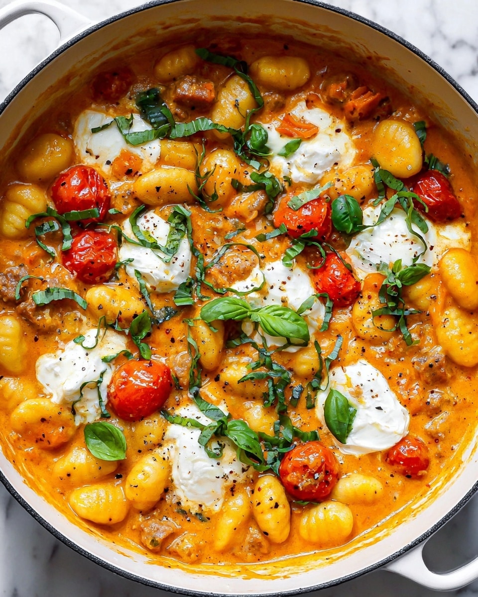 A close-up of a creamy gnocchi dish served in a white bowl, showing soft, plump gnocchi coated in a thick, orange-tinted sauce. Small, round cherry tomatoes in red and orange are scattered throughout, adding bright spots of color. Dollops of white creamy cheese are placed on top in five spots, some lightly sprinkled with black pepper. Thin strips of fresh green basil leaves are spread evenly over the dish, with a whole green basil leaf cluster in the center. The surface texture is rich and smooth, with a fresh and vibrant feel, all set on a white marbled background. photo taken with an iphone --ar 4:5 --v 7