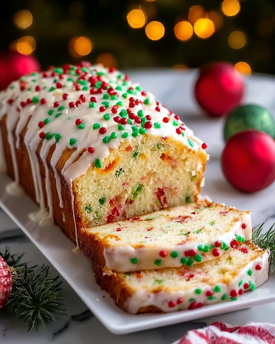 A loaf cake sits on a white rectangular plate, placed on a white marbled surface with some pine tree leaves and a red and white striped cloth at the corner. The cake has a golden brown crust and is sliced to show its soft inside filled with small, colorful red and green bits. The top of the cake is covered with white icing that drips down the sides, decorated with small red and green round sprinkles. The background is blurred with warm yellow lights and red ornaments, giving a festive holiday feel. Photo taken with an iphone --ar 4:5 --v 7