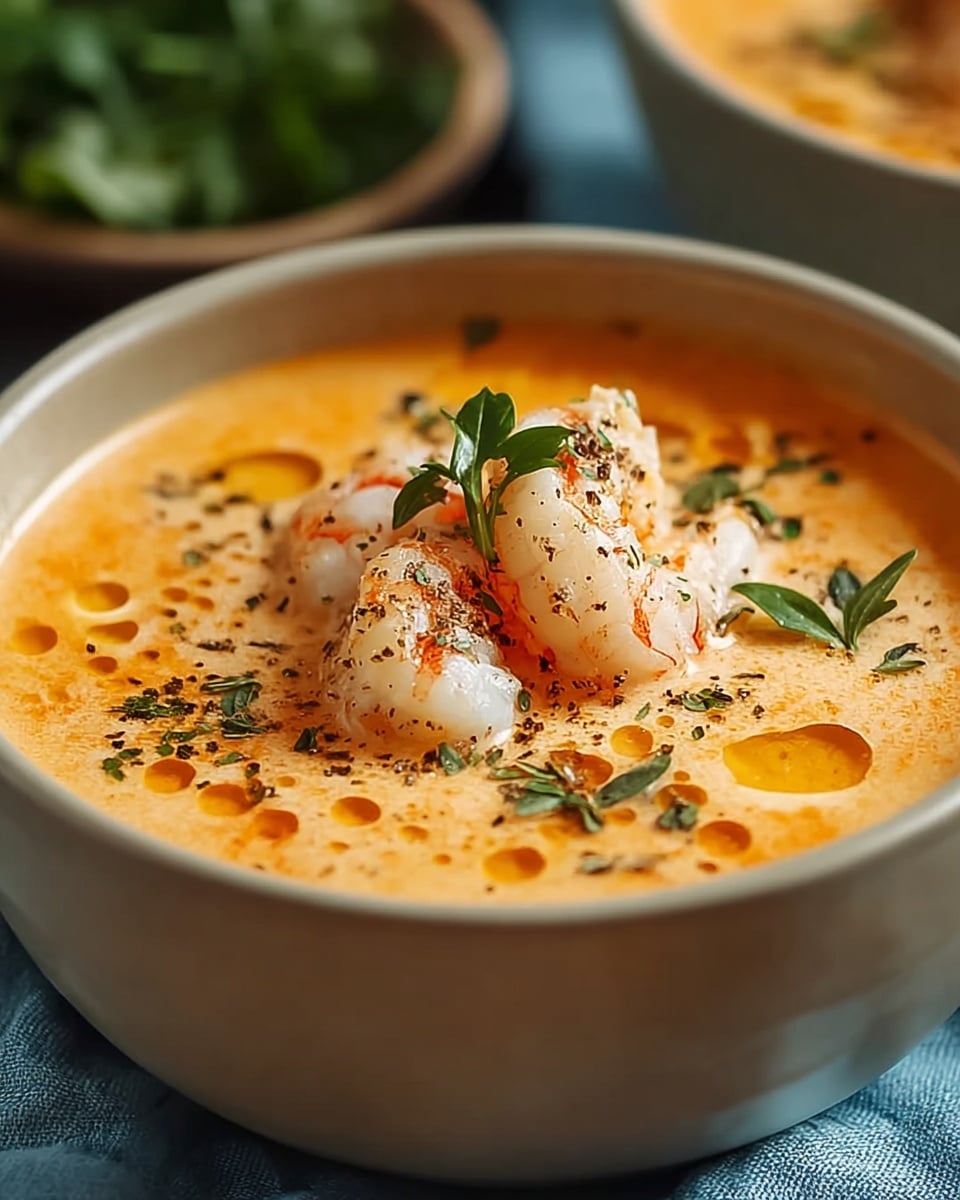 A close-up of a bowl filled with creamy orange soup that has visible oil droplets on top, with pieces of white shrimp sitting in the center garnished with small green herb leaves and a light dusting of black pepper or spices; the bowl is simple and beige, set on a blue cloth with a blurred background of green herbs and another dish. photo taken with an iphone --ar 4:5 --v 7