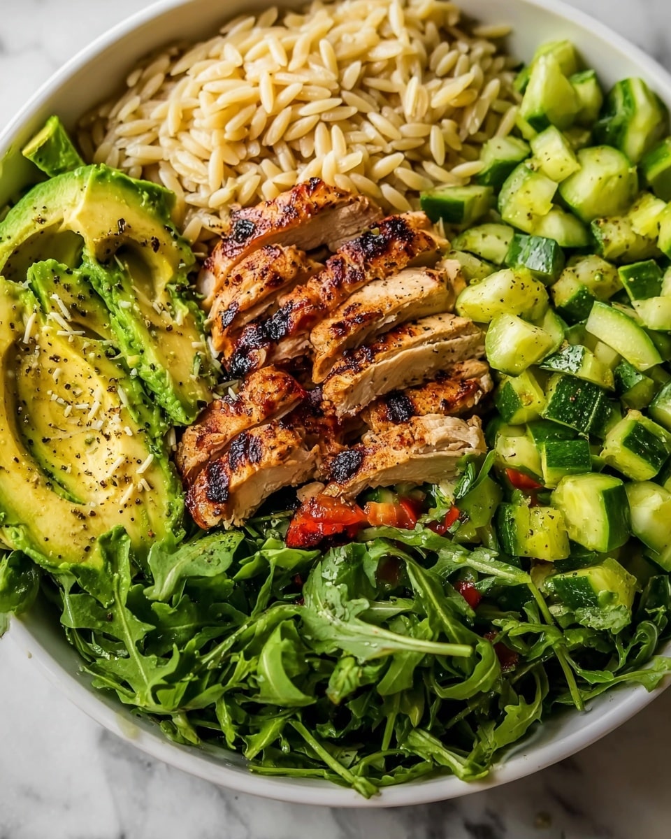 The image shows a white bowl filled with a colorful layered chicken orzo salad. On the bottom is a fresh bed of dark green leafy arugula, covering the whole bowl. On the left side, there are large chunks of bright green avocado sprinkled with black pepper. The top center has a light beige orzo pasta with a smooth texture, layered neatly. On the right side, there are vibrant green cucumber chunks stacked. In the middle, grilled chicken slices with a browned, slightly charred surface sit on top of the arugula, showing a juicy texture with hints of herb garnish. The whole bowl is placed on a white marbled surface. Photo taken with an iphone --ar 4:5 --v 7