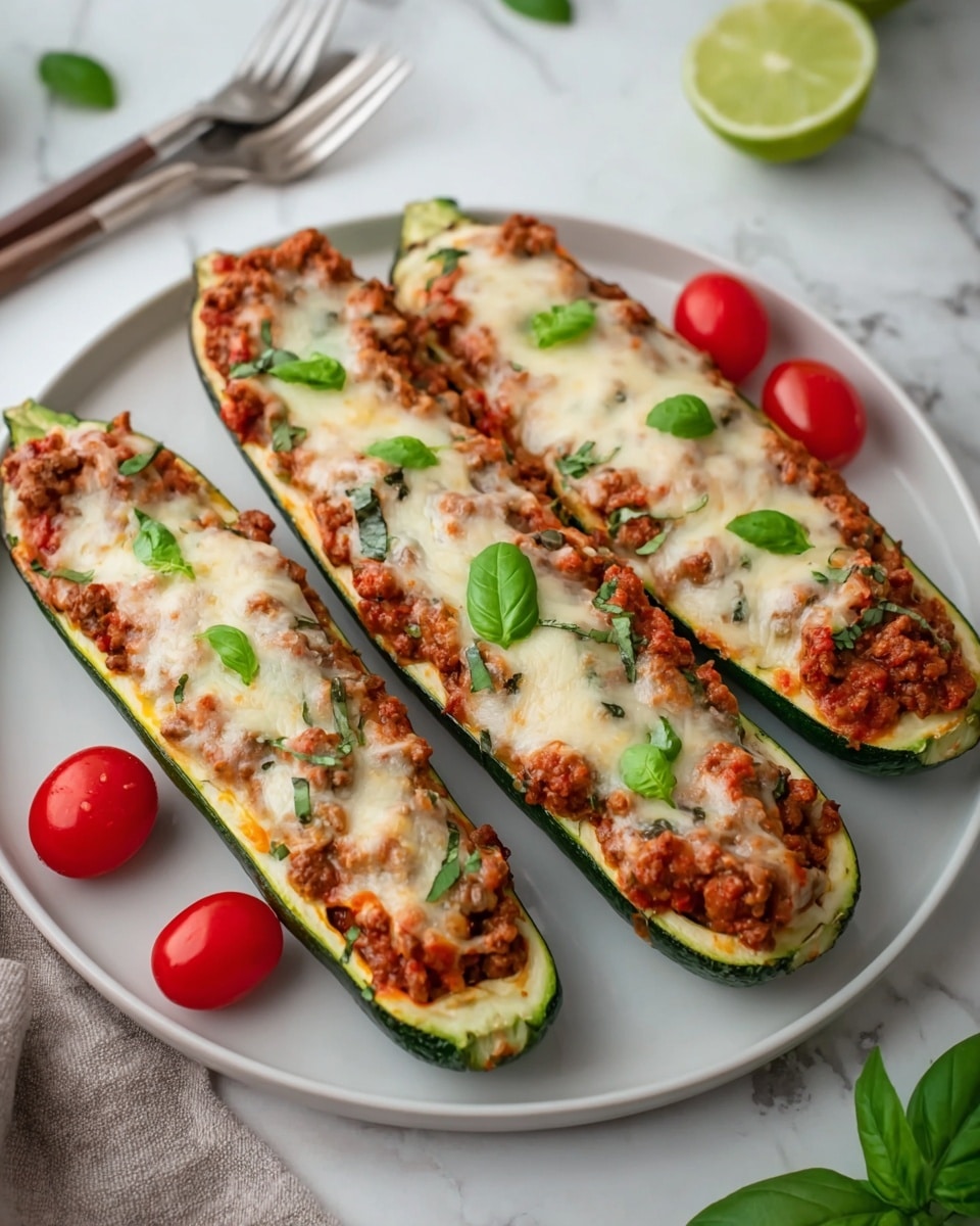 Three stuffed zucchini boats lie side by side on a white plate, each cut lengthwise showing three layers: the dark green zucchini skin on the outside, a middle layer of cooked ground meat mixed with tomato sauce giving a chunky red and brown texture, and a top layer of melted creamy white cheese with green herb specks. Small fresh green basil leaves are scattered on top of the cheese. Around the zucchini boats are six small red cherry tomatoes and a few green basil leaves. A lime wedge is visible in the background on a white marbled surface with part of a fork near the plate. photo taken with an iphone --ar 4:5 --v 7