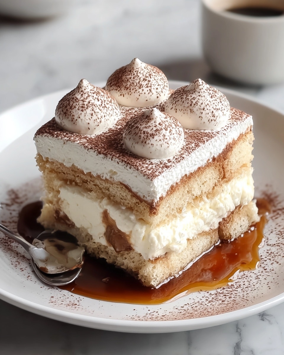 A slice of layered cake sits on a white plate over a white marbled surface. The bottom layer is a light yellow sponge cake with a soft and airy texture. Above it is a thick middle layer of creamy white filling that looks smooth and fluffy. The top layer is a thin coat of whipped cream dusted with a fine powder of cocoa and powdered sugar. On top, there are five dollops of whipped cream, each sprinkled lightly with cocoa powder. Another similar slice is blurred in the background on a white plate. Photo taken with an iphone --ar 4:5 --v 7