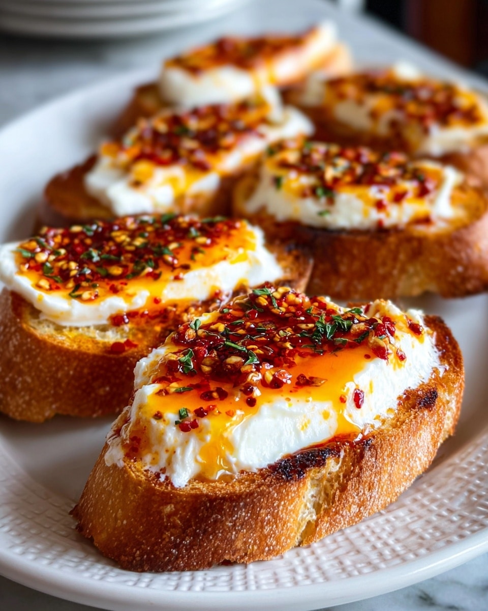 The image shows several pieces of toasted bread slices on a white plate, each topped with a thick layer of soft, white cheese. Over the cheese, there is a bright, glossy orange layer of spicy oil with visible red chili flakes and small green herbs sprinkled evenly. The bread has a golden brown crust and looks crunchy, while the cheese appears smooth and creamy. The white plate has a subtle textured pattern and rests on a white marbled surface. The focus is sharp on the front toasts, making the details of the toppings clear, while the background is softly blurred. photo taken with an iphone --ar 4:5 --v 7