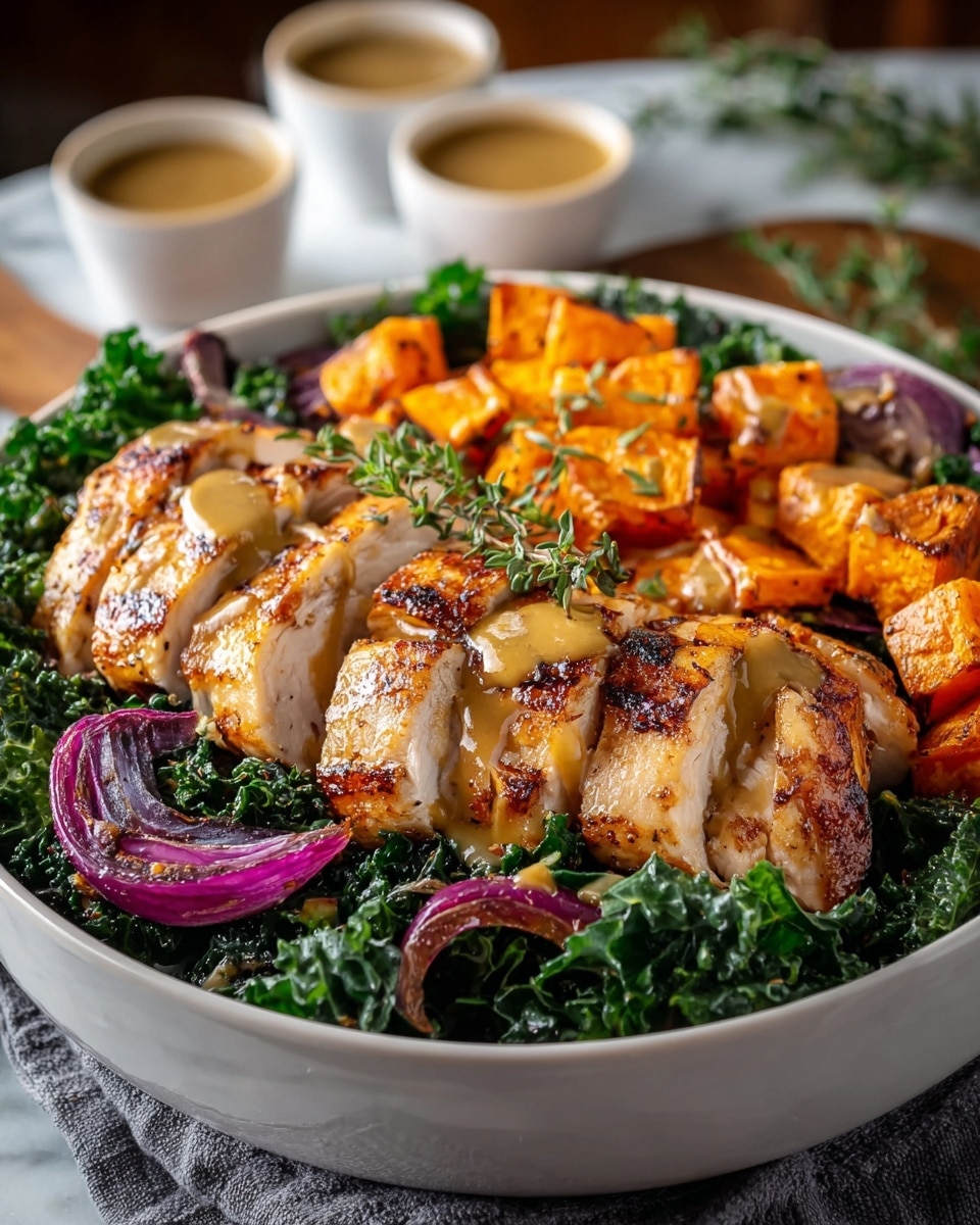 The dish shows a white bowl filled with three main layers: the bottom layer of dark green cooked kale, the middle layer of roasted orange sweet potato chunks, and the top layer of sliced, grilled chicken breast with a golden brown sear and drizzled with light brown sauce. There are also small pieces of roasted purple onion scattered around the edges, and a sprig of green herb on top of the chicken for garnish. The bowl is placed on a gray cloth on a white marbled surface. In the background, some blurred sauce cups can be seen. Photo taken with an iphone --ar 4:5 --v 7
