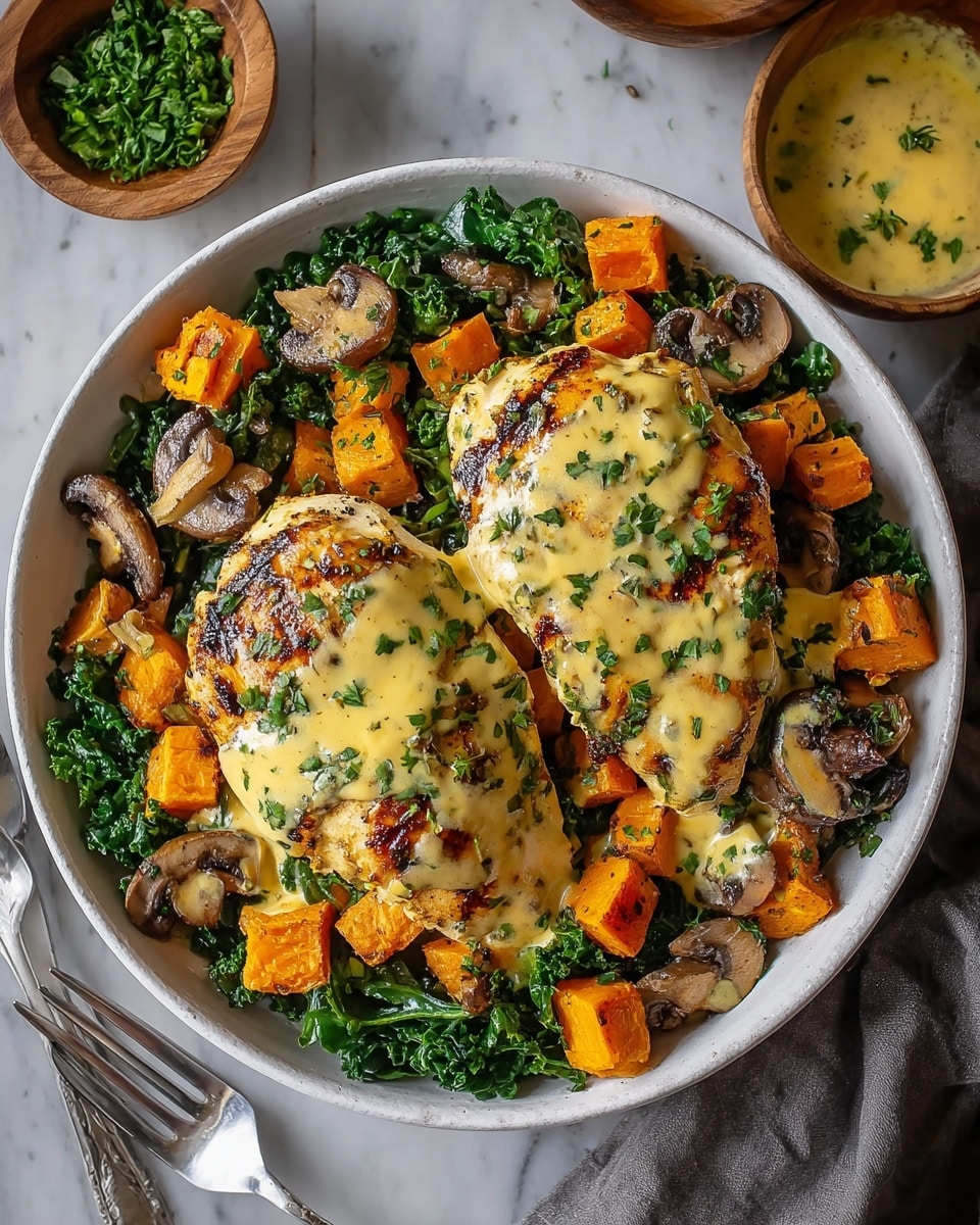 A round white bowl holds a layered dish starting with a base of dark green sautéed kale mixed with small grilled brown mushrooms. On top of the greens are bright orange cubed roasted sweet potatoes scattered around. Two grilled chicken breasts with golden-brown char marks sit in the center, covered in a creamy light yellow sauce with visible herbs sprinkled over everything. Fresh green chopped herbs finish the dish as garnish. The bowl is set on a white marbled surface with a silver fork nearby and small wooden bowls with herbs and dressing around. Photo taken with an iphone --ar 4:5 --v 7