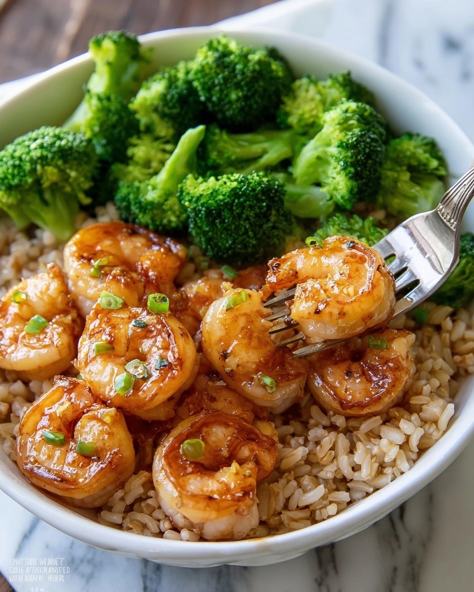 The image shows a white bowl filled with three layers of food. The bottom layer is light brown rice with grains scattered evenly. On top of the rice, there are golden-brown grilled shrimp with a slight shine and small green bits sprinkled over them. The shrimp are arranged closely together, with one shrimp held up by a silver fork on the right side. The top layer consists of bright green broccoli florets clustered on one side of the bowl. The bowl rests on a white marbled surface. photo taken with an iphone --ar 4:5 --v 7