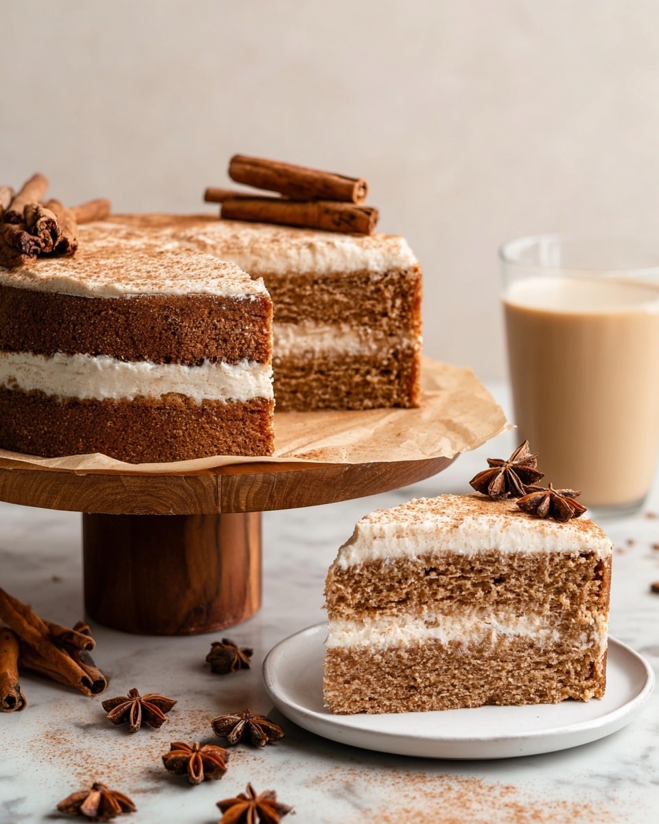 The image shows a two-layer brown cake with a thick layer of light cream filling and frosting between and on top of the layers. The cake's surface is dusted with a fine layer of cinnamon or cocoa powder. On top, three cinnamon sticks and several star anise spices are arranged as decoration. The cake sits on a wooden stand with a piece of brown parchment under it. In front of the cake, there is a white plate holding a single slice of the cake, showing the same layered structure. Scattered around the stand on the white marbled surface are more star anise and cinnamon sticks, and in the background, a clear glass filled with a light beige drink is visible. photo taken with an iphone --ar 4:5 --v 7