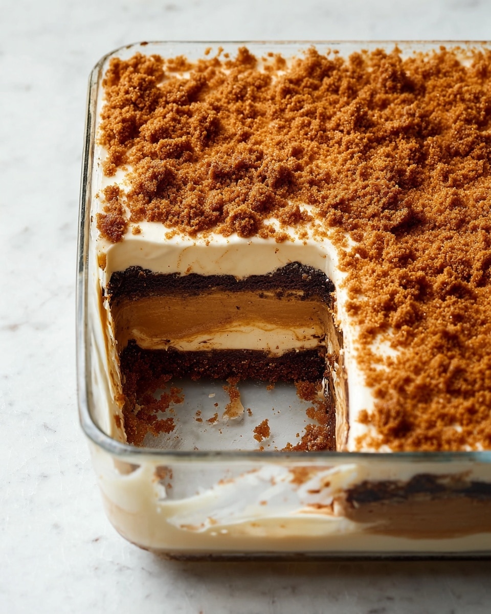 This image shows a square glass baking dish filled with a layered dessert that has four visible layers. The bottom layer is a dark brown, moist cake or cookie base. Above this is a lighter brown creamy layer, then another dark brown layer similar to the bottom. On top is a thick, smooth light beige cream layer. The entire surface is covered with a crumbly, golden brown topping that looks like crushed cookies or crumbs. A portion has been removed from the front corner of the dish, clearly showing the layers inside. The dish sits on a white marbled texture surface. photo taken with an iphone --ar 4:5 --v 7