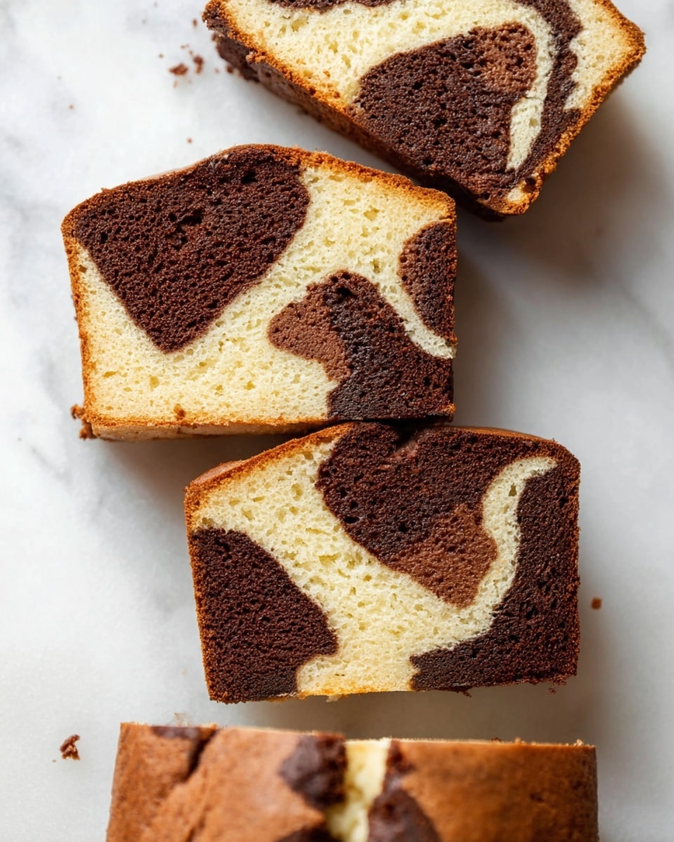 The image shows three pieces of marble cake arranged on a white marbled surface. Each slice reveals two main layers swirled together: a light beige vanilla cake layer with a soft, slightly porous texture and a dark brown chocolate cake layer with a moist and dense texture. The swirls form irregular patterns, with the dark chocolate sections creating bold contrasts against the lighter vanilla parts. At the bottom of the image, a larger part of the cake loaf is visible, showing a smooth, slightly cracked brown crust with swirling patterns. The overall look is warm and inviting, highlighting the marbled effect of the two cake flavors. Photo taken with an iphone --ar 4:5 --v 7
