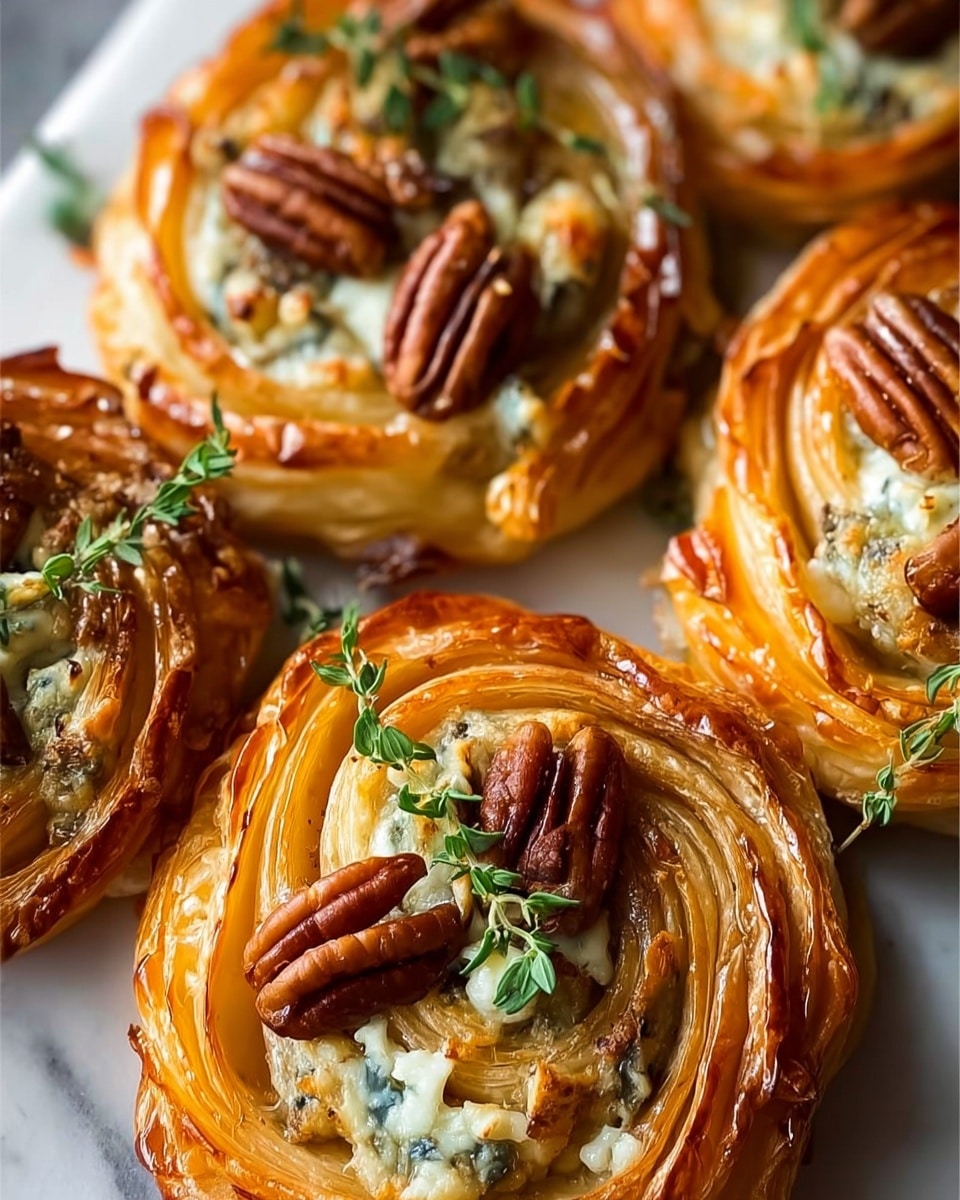 The image shows golden-brown puff pastry swirls with multiple thin, flaky layers, each layer crisp and shiny on the outside. Inside each pastry swirl, there is a creamy white and blue cheese mixture, topped with whole and chopped rich brown pecans. Small green sprigs of fresh thyme are placed on top, adding a touch of green contrast to the warm tones. The pastries are closely arranged together, highlighting their glossy, well-baked texture. The background is a white marbled surface. photo taken with an iphone --ar 4:5 --v 7