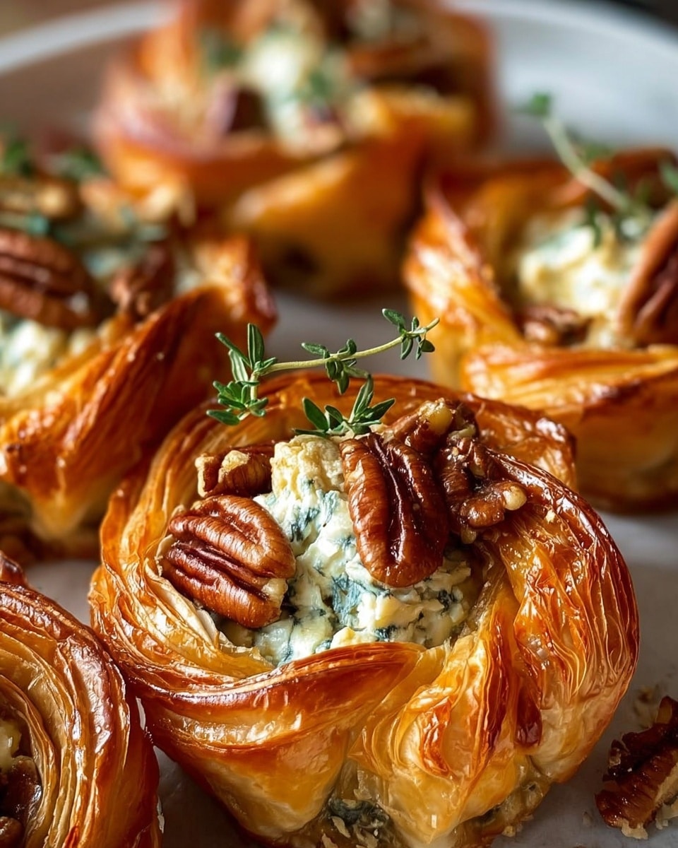 The image shows several pastry nests with a golden-brown, flaky outer layer that has shiny, crisp, and curved folds forming each nest. Inside the nests is a creamy white-blue cheese filling with a smooth texture, topped with whole and chopped dark brown pecans, adding a rough and crunchy look. Small green sprigs of fresh thyme are placed on top, providing a touch of natural color. The pastries are arranged closely on a surface that is not clearly visible but altered to be perceived on a white marbled texture. The overall look is warm, rich, and inviting. photo taken with an iphone --ar 4:5 --v 7