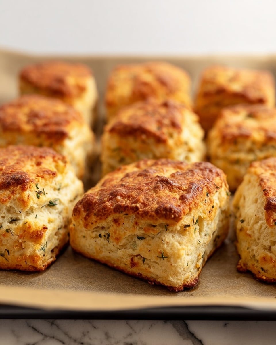 Several golden brown scones with a slightly rough texture and herbs visible inside are arranged closely on a baking tray lined with brown parchment paper. Each scone has a square shape with browned edges and a fluffy, layered interior showing through the cracks. The background features a soft white marbled texture and the lighting highlights the warm, fresh-out-of-the-oven look of the scones. photo taken with an iphone --ar 4:5 --v 7