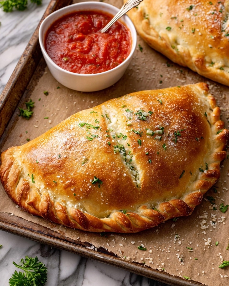 The image shows a golden-brown calzone with a shiny baked crust, twisted edges, and three small cuts on top to let steam escape, sitting on a baking tray lined with brown parchment paper. The calzone is sprinkled with a few green herbs and some grated cheese, adding texture and color contrast. Next to it is a white bowl filled with bright red marinara sauce, with a silver spoon inside. The tray is placed on a white marbled surface, and there are small green parsley leaves scattered around for garnish. photo taken with an iphone --ar 4:5 --v 7