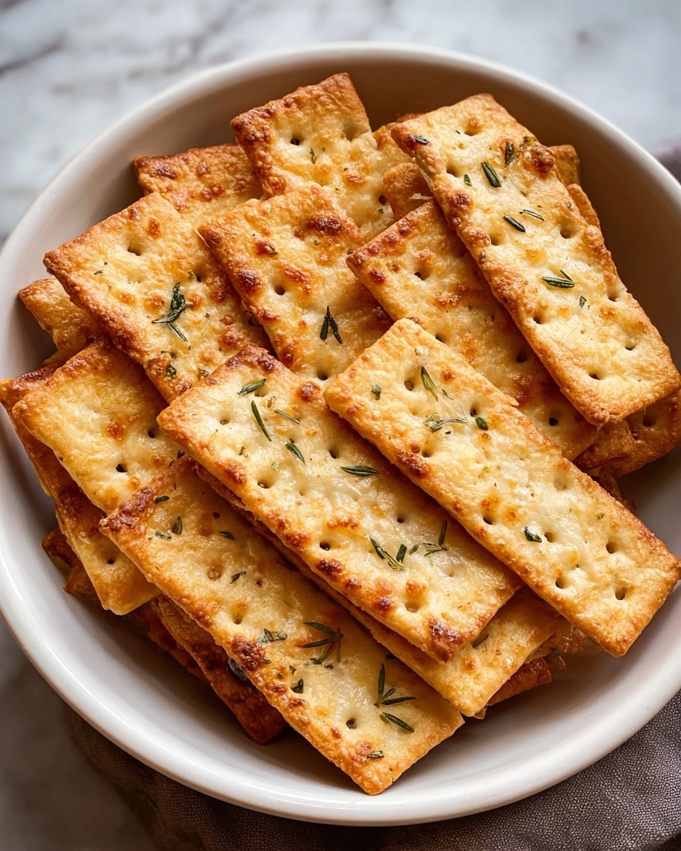 A white round plate holds a stack of about ten golden-brown rectangular crackers, each with a rough, crunchy texture and light grill marks on top. The crackers have small green herb pieces sprinkled on and baked into their surface. The edges are slightly darker and crisp, while the centers show a mix of light browns and creamy yellow cheese melting into the dough. The crackers are arranged in a slightly overlapping way, filling most of the plate. The plate rests on a soft beige cloth over a white marbled surface. Photo taken with an iphone --ar 4:5 --v 7