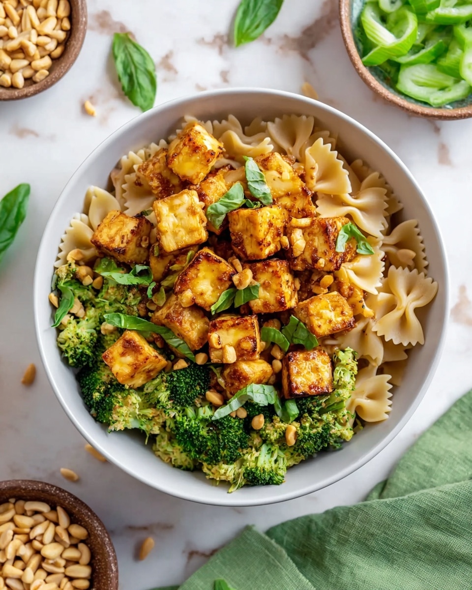 A white bowl filled with a three-layer dish: the bottom layer has light brown bowtie pasta, the middle layer holds bright green broccoli pieces with a slightly rough texture, and the top layer is covered with golden-brown crispy tofu cubes scattered evenly, garnished with fresh green basil leaves and small off-white pine nuts. The bowl is placed on a white marbled surface with some bowls of pine nuts and green vegetable slices nearby. A green cloth is seen at the side. Photo taken with an iphone --ar 4:5 --v 7