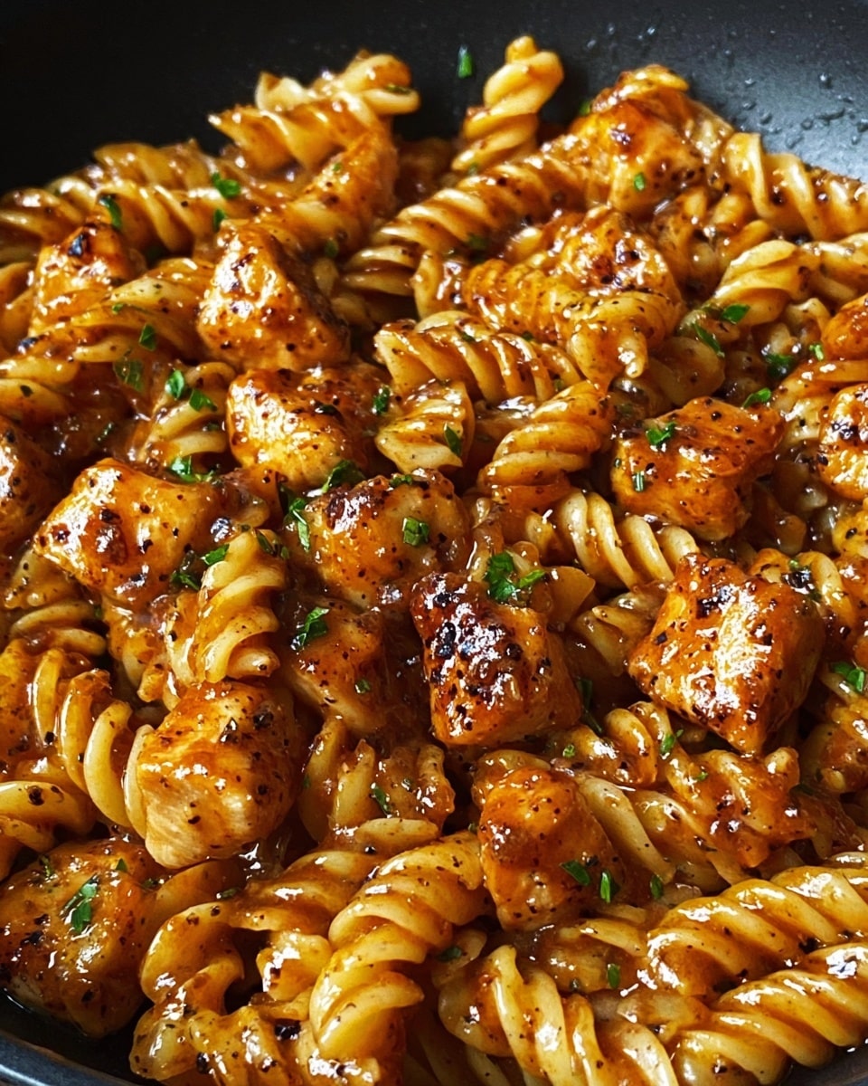 This image shows a close-up of twisted pasta spirals mixed with browned chicken pieces, both coated in a thick, shiny orange sauce. The pasta and chicken are evenly covered in sauce that has a smooth texture with black pepper flakes visible. Small green parsley leaves are sprinkled on top, adding a touch of bright color, along with some white sesame seeds scattered across the dish. The food is served in a white bowl with black speckles on the inside, placed on a white marbled surface. Photo taken with an iphone --ar 4:5 --v 7