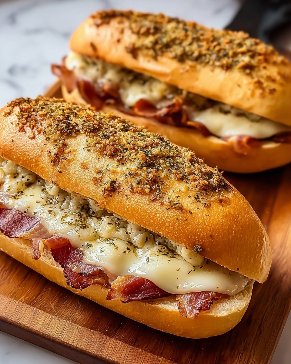 Two long sandwiches are placed side by side on a wooden surface, each filled with multiple layers. The bottom layer is a soft, golden brown hot dog bun, split open horizontally. Inside, there is a slice of pinkish deli meat, topped by melted, gooey white cheese dripping slightly. Above the cheese is a generous layer of browned minced meat that looks juicy. The sandwich is finished with the top bun, which is toasted with melted white cheese sprinkled with small bits of golden-brown garlic and chopped green herbs scattered on top. The overall texture shows a mix of soft bread, gooey cheese, and crumbly meat. photo taken with an iphone --ar 4:5 --v 7