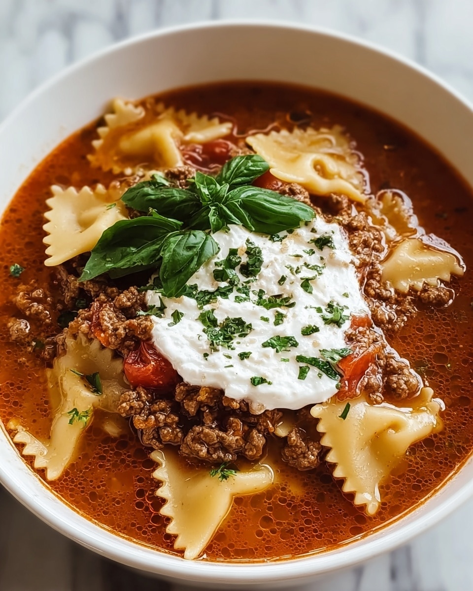 A white bowl is filled with a rich brown lasagna soup. The bottom layer is a deep reddish-brown broth with visible oil spots. On top, there are triangular pieces of soft, pale yellow pasta floating in the soup. Next, a thick layer of browned ground meat is scattered over the pasta, mixed with small chunks of red tomatoes. At the center, a smooth dollop of white cream cheese or ricotta sits, sprinkled with finely chopped green herbs. A small bunch of fresh green basil leaves is placed neatly on top, adding a fresh contrast to the warm colors. The bowl rests on a white marbled surface. photo taken with an iphone --ar 4:5 --v 7