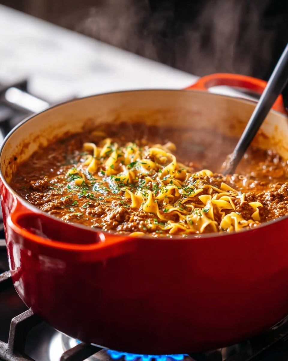 A large red cooking pot filled with a hot, steaming stew is shown, sitting on a stove with visible blue flames beneath. The stew has three main layers: a thick, rich brown meat sauce at the bottom with ground meat, a middle layer of yellowish noodles curling around in the sauce, and a sprinkle of finely chopped green herbs scattered on top for color contrast. A black spoon is resting inside the pot, partly covered by the stew. The background is softly blurred, highlighting the steaming pot in focus against a white marbled surface. Photo taken with an iphone --ar 4:5 --v 7