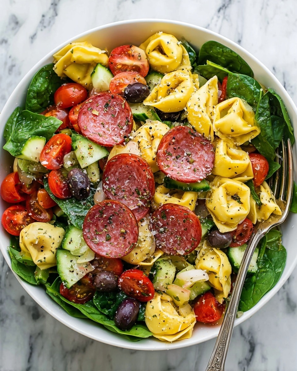 A white bowl filled with a colorful layered salad starting with fresh dark green spinach leaves at the bottom, followed by a mix of halved bright red cherry tomatoes, green cucumber slices, and black olives scattered throughout. On top, there are yellow tortellini pasta pieces with a smooth texture and slices of reddish-brown salami with a marbled fat pattern. The whole dish is sprinkled with cracked black pepper and dried herbs. The bowl is placed on a white marbled surface, with a silver fork resting inside. Photo taken with an iphone --ar 4:5 --v 7